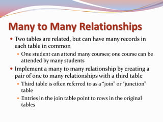 Many to Many Relationships
 Two tables are related, but can have many records in
 each table in common
   One student can attend many courses; one course can be
    attended by many students
 Implement a many to many relationship by creating a
 pair of one to many relationships with a third table
   Third table is often referred to as a “join” or “junction”
    table
   Entries in the join table point to rows in the original
    tables
 