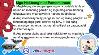 Mga Hakbangin at Pamamaraan
3. Magbibigay din ang pangkat ng mga portable table at
upuan na maaaring gamitin ng mga mag-aaral habang
ginagawa ang mga gawain o habang nagbabasa.
4. Ang interbensyon ay pangasiwaan ng isang pangkat na
binubuo ng mga guro, opisyal ng SPG at iba pang
organisasyon ng mga mag-aaral na lilipat sa pagpapadali
sa interbensyon.
5. Ang pinaka-aktibo at pinaka-nakikilahok na mga mag-
aaral ay gagawaran sa seremonya ng pagtataas ng
bandila.
 