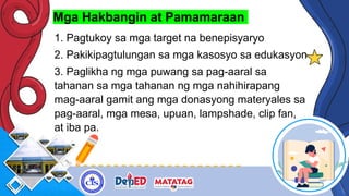 Mga Hakbangin at Pamamaraan
1. Pagtukoy sa mga target na benepisyaryo
2. Pakikipagtulungan sa mga kasosyo sa edukasyon
3. Paglikha ng mga puwang sa pag-aaral sa
tahanan sa mga tahanan ng mga nahihirapang
mag-aaral gamit ang mga donasyong materyales sa
pag-aaral, mga mesa, upuan, lampshade, clip fan,
at iba pa.
 
