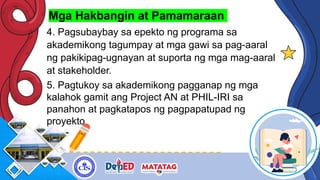 Mga Hakbangin at Pamamaraan
4. Pagsubaybay sa epekto ng programa sa
akademikong tagumpay at mga gawi sa pag-aaral
ng pakikipag-ugnayan at suporta ng mga mag-aaral
at stakeholder.
5. Pagtukoy sa akademikong pagganap ng mga
kalahok gamit ang Project AN at PHIL-IRI sa
panahon at pagkatapos ng pagpapatupad ng
proyekto
 
