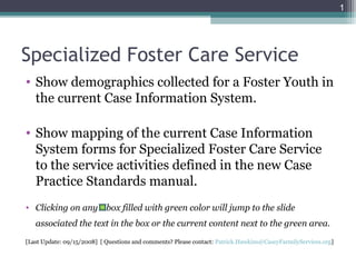 1




Specialized Foster Care Service
• Show demographics collected for a Foster Youth in
  the current Case Information System.

• Show mapping of the current Case Information
  System forms for Specialized Foster Care Service
  to the service activities defined in the new Case
  Practice Standards manual.
• Clicking on any box filled with green color will jump to the slide
   associated the text in the box or the current content next to the green area.
[Last Update: 09/15/2008] [ Questions and comments? Please contact: Patrick.Hawkins@CaseyFarmilyServices.org]
 