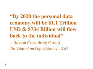 4
“By 2020 the personal data
economy will be $1.1 Trillion
USD & $734 Billion will ﬂow
back to the individual”
– Boston Consulting Group
The Value of our Digital Identity – 2013
 