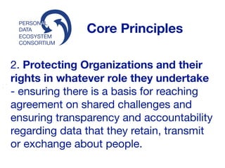ECOSYSTEM
CONSORTIUM
PERSONAL
DATA Core Principles
2. Protecting Organizations and their
rights in whatever role they undertake
- ensuring there is a basis for reaching
agreement on shared challenges and
ensuring transparency and accountability
regarding data that they retain, transmit
or exchange about people. 

 