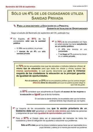 Barómetro del CIS de septiembre                                                            4 de octubre de 2011




       SÓLO UN 4% DE LOS CIUDADANOS UTILIZA
                SANIDAD PRIVADA
          PARA LA GRAN MAYORÍA LA EDUCACIÓN ES LA PRINCIPAL
                                                      GARANTÍA DE IGUALDAD DE OPORTUNIDADES
       Según el estudio del Barómetro de septiembre del CIS, publicado hoy:


        En   España, el 81% de los
         encuestados sólo usa la sanidad
         pública
                                                             El 76% de los encuestados con hijos
                                                                 en edad escolar los tiene estudiando
                                                                 en un centro público.
           El 15% usa la pública y la privada
                                                                    El  21% dice         tenerlos   en   uno
           Y    menos de un 4% usa sólo                              concertado
              sanidad privada                                       Y no llegan al 7% quienes los tienen
                                                                      en un centro privado




              El 72% de los encuestados cree que las escuelas e institutos deberían ofrecer el
              mismo tipo de educación para que todos los chicos y chicas tuvieran las
              mismas oportunidades, lo cual apunta claramente que para la inmensa
              mayoría de los ciudadanos la educación es la principal garantía
              de igualdad de oportunidades.

                        Por el contrario, un 21% de los encuestados prefiere que los centros tengan
                                 diferente oferta de educación para que los padres puedan elegir la
                                                                                que más les guste.


                  El 87% considera que actualmente en España el acceso de las mujeres a
                  la educación es igual que el de los hombres.

                                     En casi todos los demás ámbitos, los encuestados creen que los hombres
                                                          continúan teniendo mejor situación que las mujeres.



         La      mayoría de los encuestados cree que la acción prioritaria de un
              Gobierno debe ser garantizar un nivel de vida mínimo para todas las personas
              y asegurarse de que haya igualdad de oportunidades para todos.

         Para      el 67% el Estado debe ser el responsable del bienestar de todos los
              ciudadanos y tiene la obligación de ayudarles a solucionar sus problemas.

                   Sólo un 8% cree que son los propios ciudadanos quienes tienen que ser responsables de su
 1/3                                       propio bienestar y valerse por sí mismos para resolver sus problemas
 
