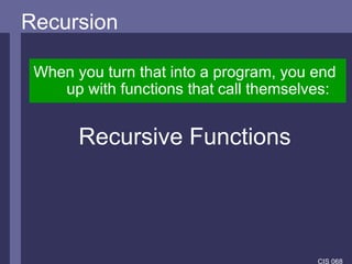 Recursion Recursion When you turn that into a program, you end up with functions that   call themselves: Recursive Functions 