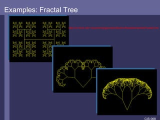 Examples: Fractal Tree http://id.mind.net/~zona/mmts/geometrySection/fractals/tree/treeFractal.html 