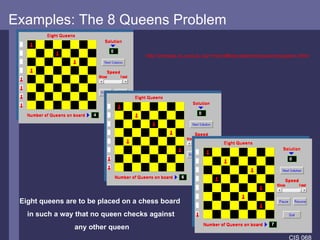 Examples: The 8 Queens Problem http://mossie.cs.und.ac.za/~murrellh/javademos/queens/queens.html Eight queens are to be placed on a chess board  in such a way that no queen checks against any other queen 