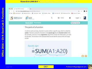 page–36 * CIS 1
Office2016~Ch9:ExcelLab2:Functions
Rowe-Erin-LINK-B-9 ~ https://edu.gcfglobal.org/en/excel2016/functions/1/
ProfessorVillegas@gmail.com
Type URL above and
Copy, paste, crop, and align here
Screen Shot
Of
the
Website
 