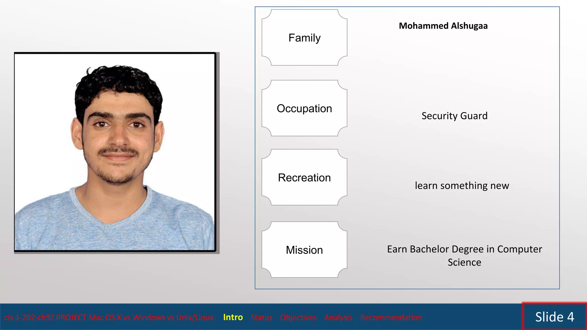 cis 1-202-ch9Z PROJECT Mac OS X vs Windows vs Unix/Linux Intro Status Objectives Analysis Recommendation Slide 4
Family
Occupation
Recreation
Mission
Mohammed Alshugaa
Security Guard
learn something new
Earn Bachelor Degree in Computer
Science
 