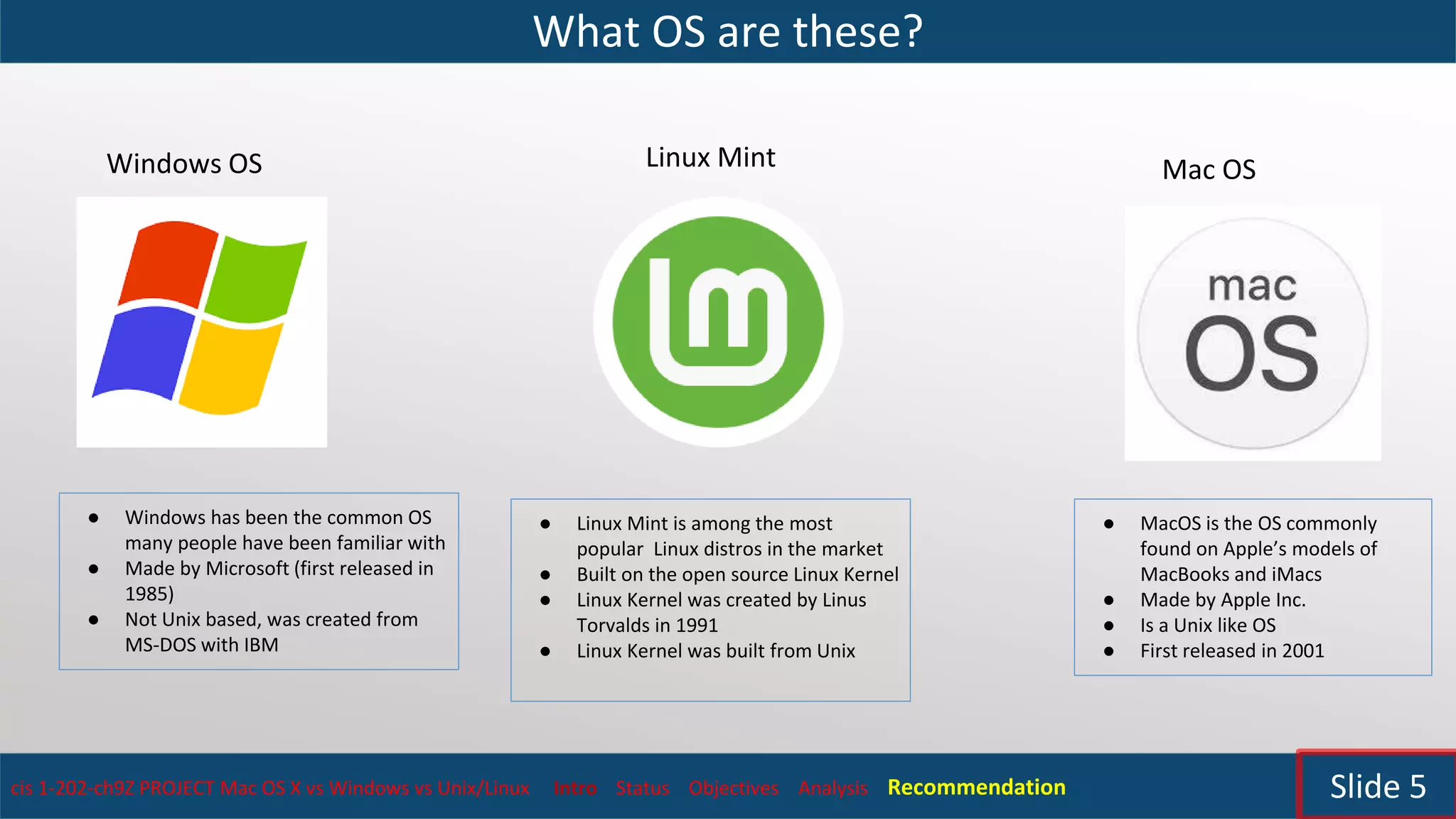 What OS are these?
cis 1-202-ch9Z PROJECT Mac OS X vs Windows vs Unix/Linux Intro Status Objectives Analysis Recommendation Slide 5
Mac OS
● MacOS is the OS commonly
found on Apple’s models of
MacBooks and iMacs
● Made by Apple Inc.
● Is a Unix like OS
● First released in 2001
Windows OS
● Windows has been the common OS
many people have been familiar with
● Made by Microsoft (first released in
1985)
● Not Unix based, was created from
MS-DOS with IBM
Linux Mint
● Linux Mint is among the most
popular Linux distros in the market
● Built on the open source Linux Kernel
● Linux Kernel was created by Linus
Torvalds in 1991
● Linux Kernel was built from Unix
 