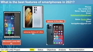 What is the best features of smartphones in 2021?
Phones
Cis 1-212b-CH6
Name: Najeeb Amiri
Email:
Najeebamiry@gmail.com
Name: Kenia Alfaro
Email:
keniajalfaro@gmail.com
Microsoft Lumia 950
XL
Iphone 12 Pro Max
Cis1-202-ch6Z Project Intro Status Objectives Analysis Recommendation
samsung Galaxy s21 Ultra
SG
 