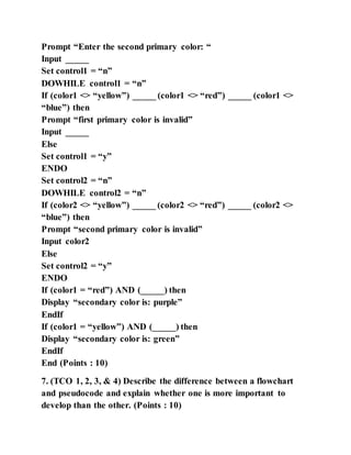 Prompt “Enter the second primary color: “
Input _____
Set control1 = “n”
DOWHILE control1 = “n”
If (color1 <> “yellow”) _____ (color1 <> “red”) _____ (color1 <>
“blue”) then
Prompt “first primary color is invalid”
Input _____
Else
Set control1 = “y”
ENDO
Set control2 = “n”
DOWHILE control2 = “n”
If (color2 <> “yellow”) _____ (color2 <> “red”) _____ (color2 <>
“blue”) then
Prompt “second primary color is invalid”
Input color2
Else
Set control2 = “y”
ENDO
If (color1 = “red”) AND (_____) then
Display “secondary color is: purple”
EndIf
If (color1 = “yellow”) AND (_____) then
Display “secondary color is: green”
EndIf
End (Points : 10)
7. (TCO 1, 2, 3, & 4) Describe the difference between a flowchart
and pseudocode and explain whether one is more important to
develop than the other. (Points : 10)
 