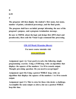 D
0-59
F
The program will then display the student’s first name, last name,
number of points, calculated percentage, and the final grade.
The program shall have an initial prompt informing the user of the
program's purpose, and a program termination message.
Be sure to THINK about the logic and design first (IPO chart and
pseudocode), then code the Visual Logic command line processing.
-----------------------------------------------------------------------------------
CIS 115 Week 5 Exercise (Devry)
For more course tutorials visit
www.cis115.com
Assignment (part A): Your goal is to solve the following simple
programming exercise. Using a FOR loop, write an algorithm that
displays the squares of the numbers 1 to 10 to console output.
Thought provoking question: Do you need to accept input?
Assignment (part B): Using a pretest WHILE loop, write an
algorithm that displays the squares of the numbers 1 to 10 to console
output.
Assignment (part C): This is extra for those who desire a challenge.
Accomplish the same output as above, but use a posttest WHILE
loop this time.
 