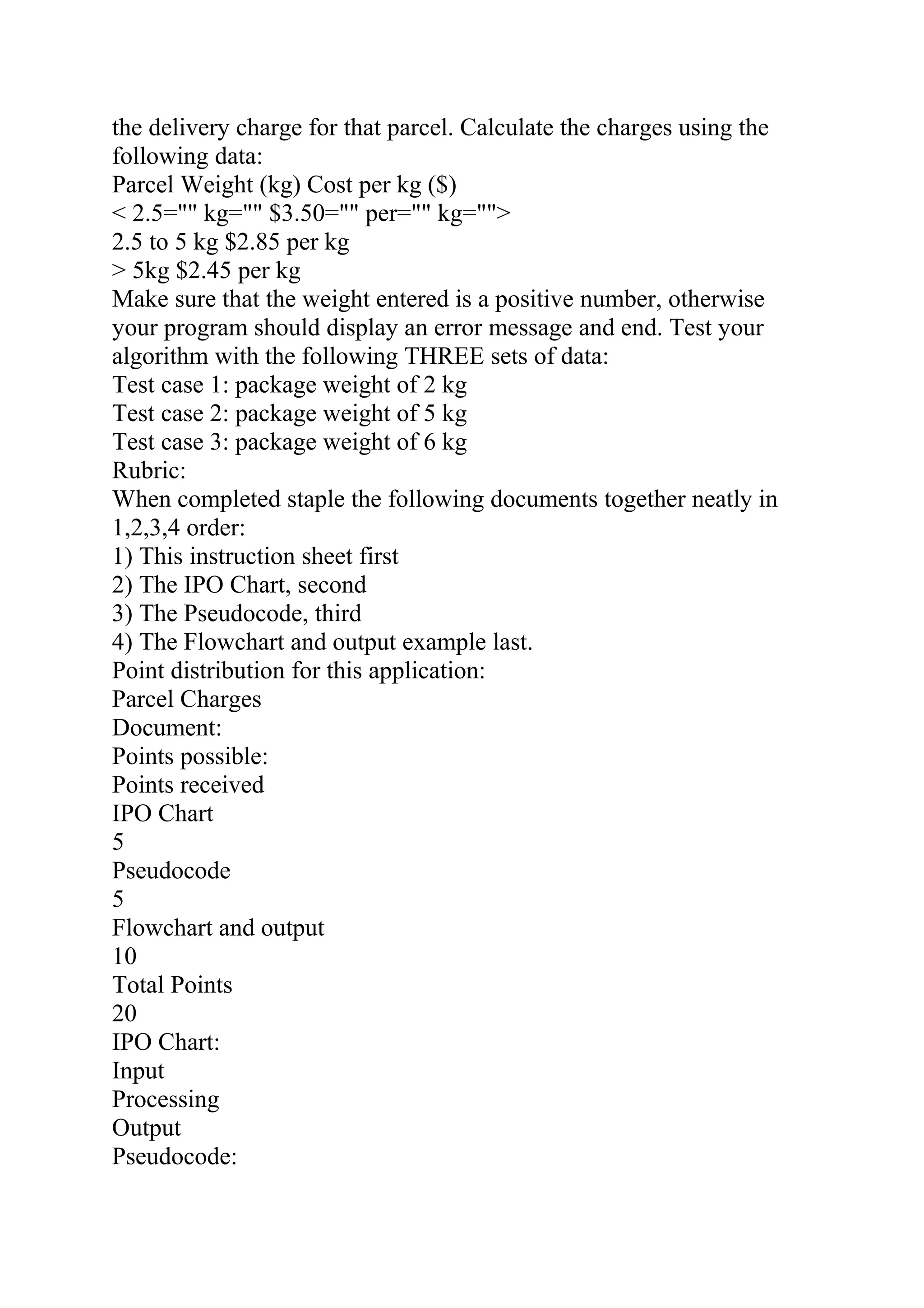 the delivery charge for that parcel. Calculate the charges using the
following data:
Parcel Weight (kg) Cost per kg ($)
< 2.5="" kg="" $3.50="" per="" kg="">
2.5 to 5 kg $2.85 per kg
> 5kg $2.45 per kg
Make sure that the weight entered is a positive number, otherwise
your program should display an error message and end. Test your
algorithm with the following THREE sets of data:
Test case 1: package weight of 2 kg
Test case 2: package weight of 5 kg
Test case 3: package weight of 6 kg
Rubric:
When completed staple the following documents together neatly in
1,2,3,4 order:
1) This instruction sheet first
2) The IPO Chart, second
3) The Pseudocode, third
4) The Flowchart and output example last.
Point distribution for this application:
Parcel Charges
Document:
Points possible:
Points received
IPO Chart
5
Pseudocode
5
Flowchart and output
10
Total Points
20
IPO Chart:
Input
Processing
Output
Pseudocode:
 