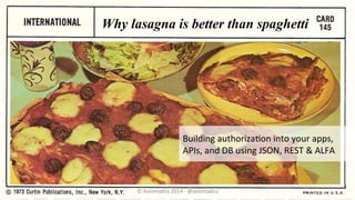 Why lasagna is better than spaghetti
Building	
  authoriza/on	
  into	
  your	
  apps,	
  
APIs,	
  and	
  DB	
  using	
  JSON,	
  REST	
  &	
  ALFA	
  
©	
  Axioma/cs	
  2014	
  -­‐	
  @axioma/cs	
  
 