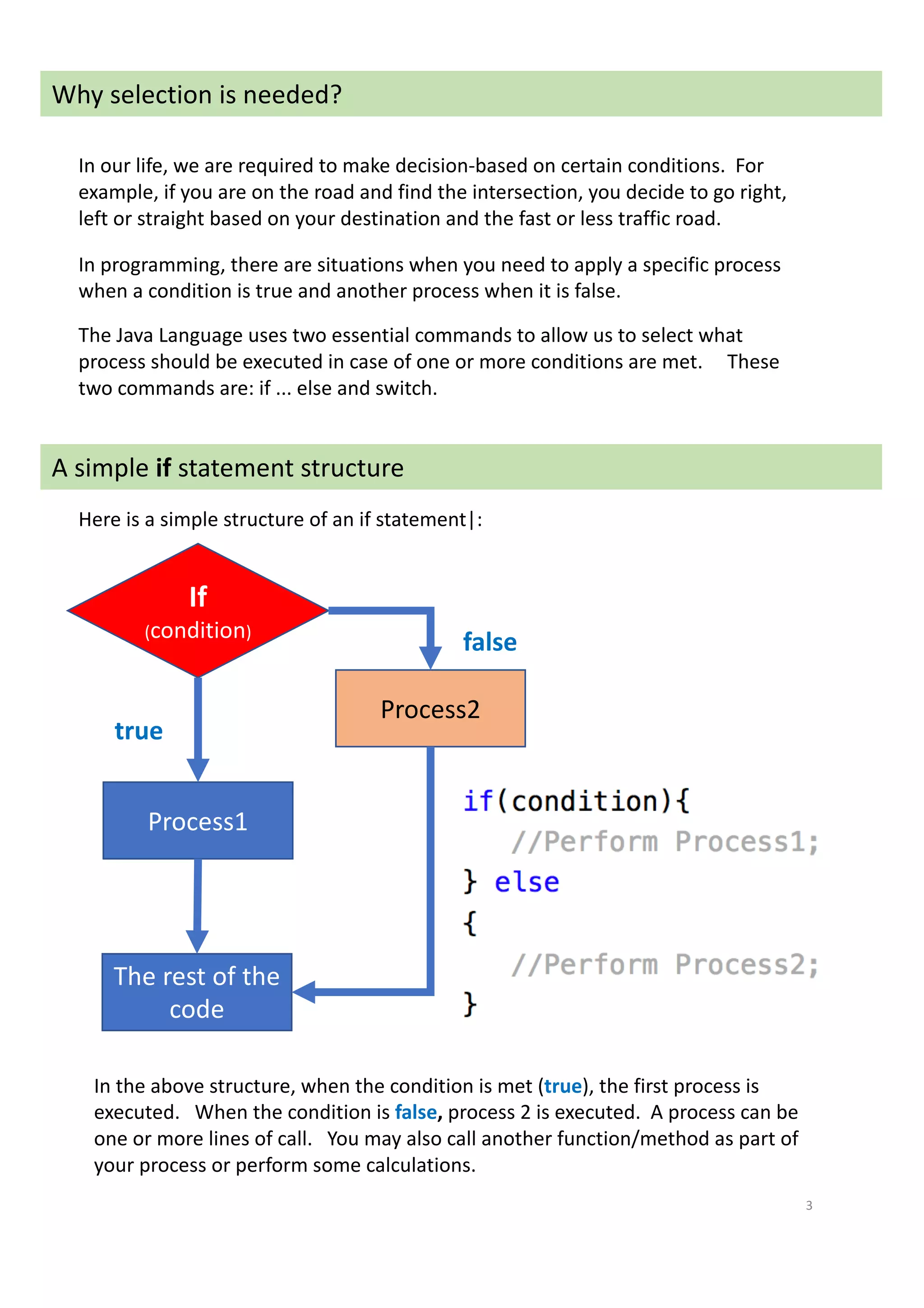 3
Why selection is needed?
In our life, we are required to make decision-based on certain conditions. For
example, if you are on the road and find the intersection, you decide to go right,
left or straight based on your destination and the fast or less traffic road.
In programming, there are situations when you need to apply a specific process
when a condition is true and another process when it is false.
The Java Language uses two essential commands to allow us to select what
process should be executed in case of one or more conditions are met. These
two commands are: if ... else and switch.
A simple if statement structure
Here is a simple structure of an if statement|:
If
(condition)
Process1
Process2
The rest of the
code
true
false
In the above structure, when the condition is met (true), the first process is
executed. When the condition is false, process 2 is executed. A process can be
one or more lines of call. You may also call another function/method as part of
your process or perform some calculations.
 