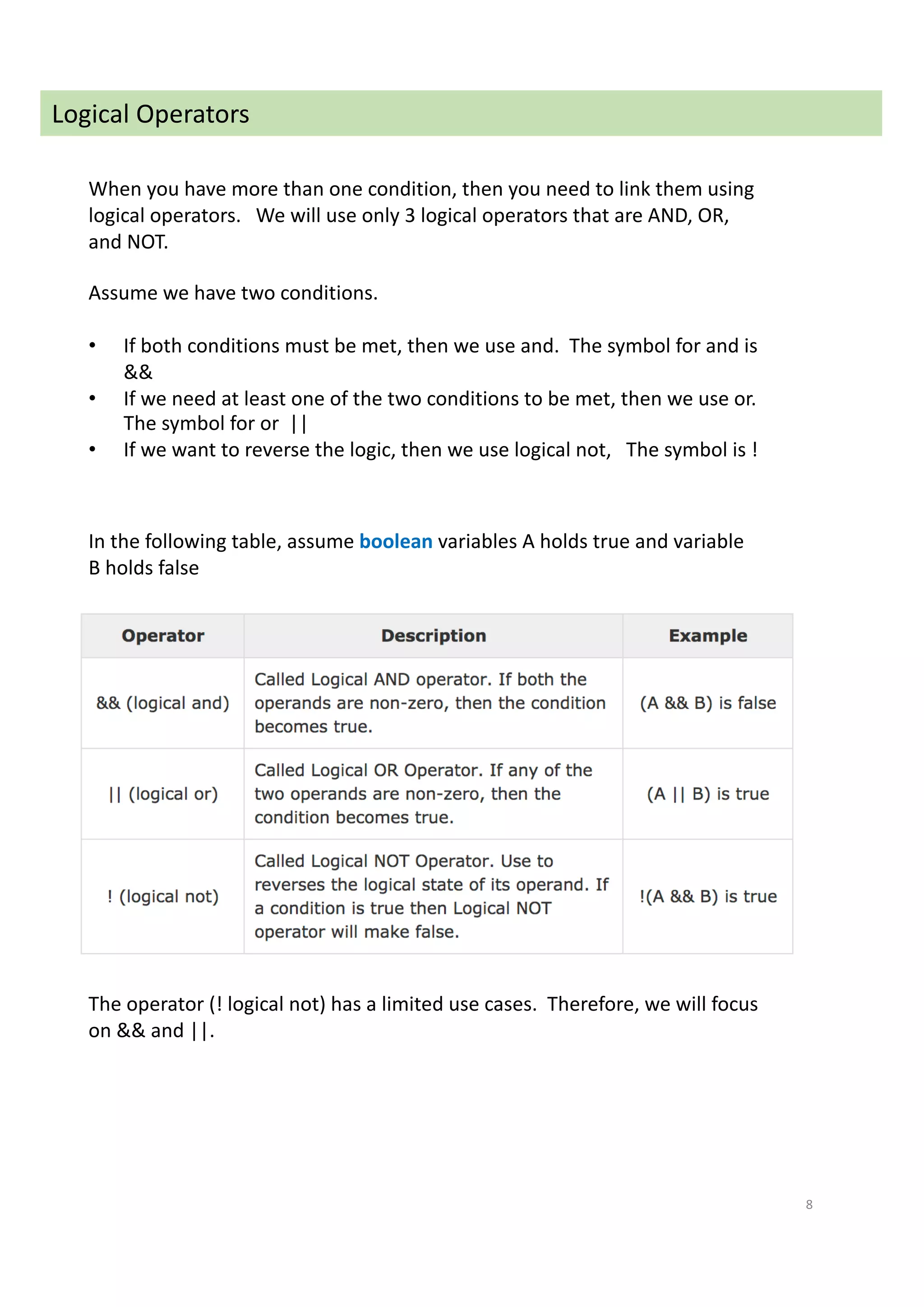 8
Logical Operators
When you have more than one condition, then you need to link them using
logical operators. We will use only 3 logical operators that are AND, OR,
and NOT.
Assume we have two conditions.
• If both conditions must be met, then we use and. The symbol for and is
&&
• If we need at least one of the two conditions to be met, then we use or.
The symbol for or ||
• If we want to reverse the logic, then we use logical not, The symbol is !
The operator (! logical not) has a limited use cases. Therefore, we will focus
on && and ||.
In the following table, assume boolean variables A holds true and variable
B holds false
 