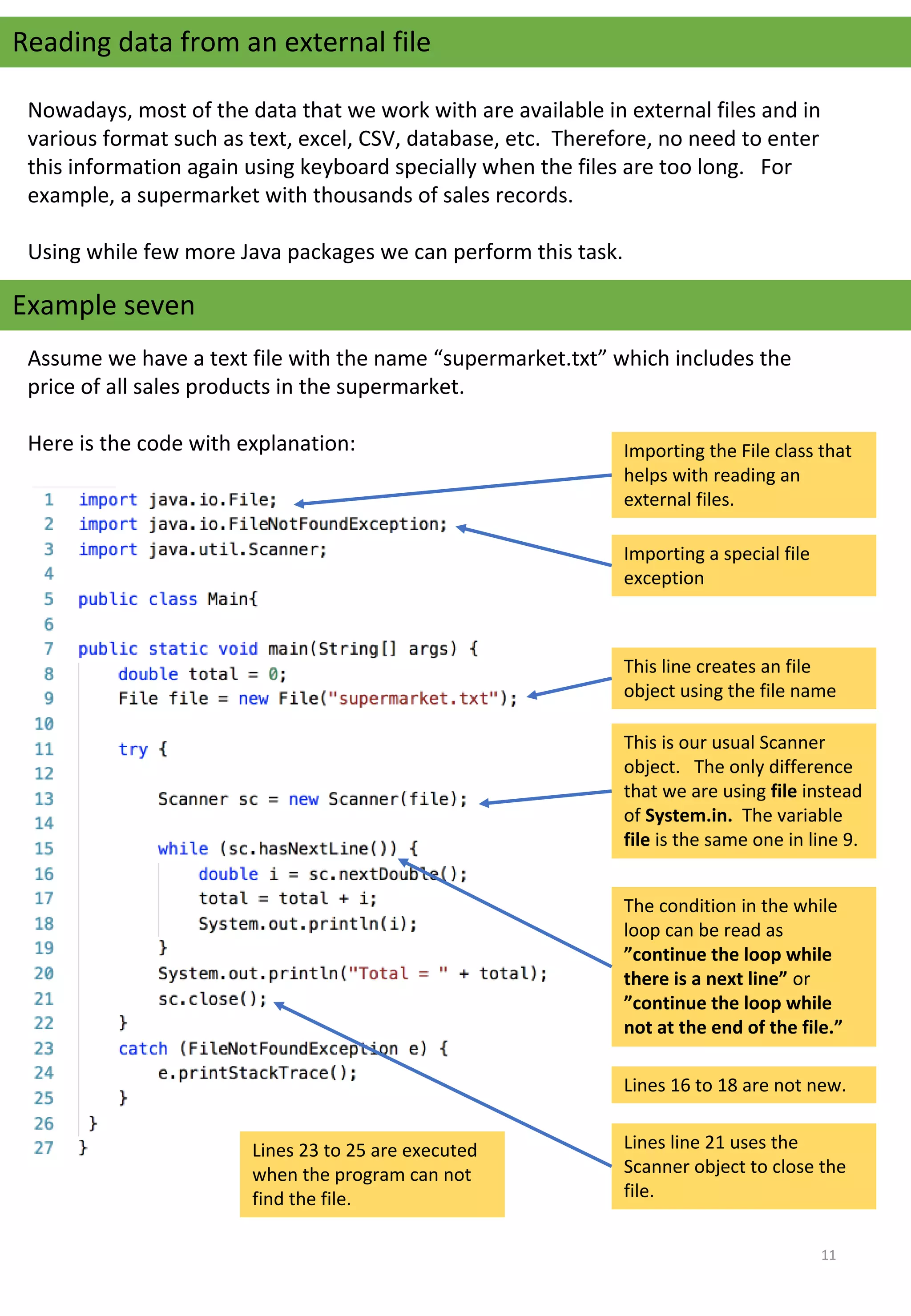 Reading data from an external file
Nowadays, most of the data that we work with are available in external files and in 
various format such as text, excel, CSV, database, etc.  Therefore, no need to enter 
this information again using keyboard specially when the files are too long.   For 
example, a supermarket with thousands of sales records.
Using while few more Java packages we can perform this task.   
Example seven
Assume we have a text file with the name “supermarket.txt” which includes the 
price of all sales products in the supermarket.  
Here is the code with explanation: Importing the File class that 
helps with reading an 
external files.
Importing a special file 
exception
This line creates an file 
object using the file name
This is our usual Scanner 
object.   The only difference 
that we are using file instead 
of System.in. The variable 
file is the same one in line 9.
The condition in the while 
loop can be read as 
”continue the loop while
there is a next line” or 
”continue the loop while
not at the end of the file.”
Lines 16 to 18 are not new.
Lines line 21 uses the 
Scanner object to close the 
file.
Lines 23 to 25 are executed 
when the program can not 
find the file.
11
 