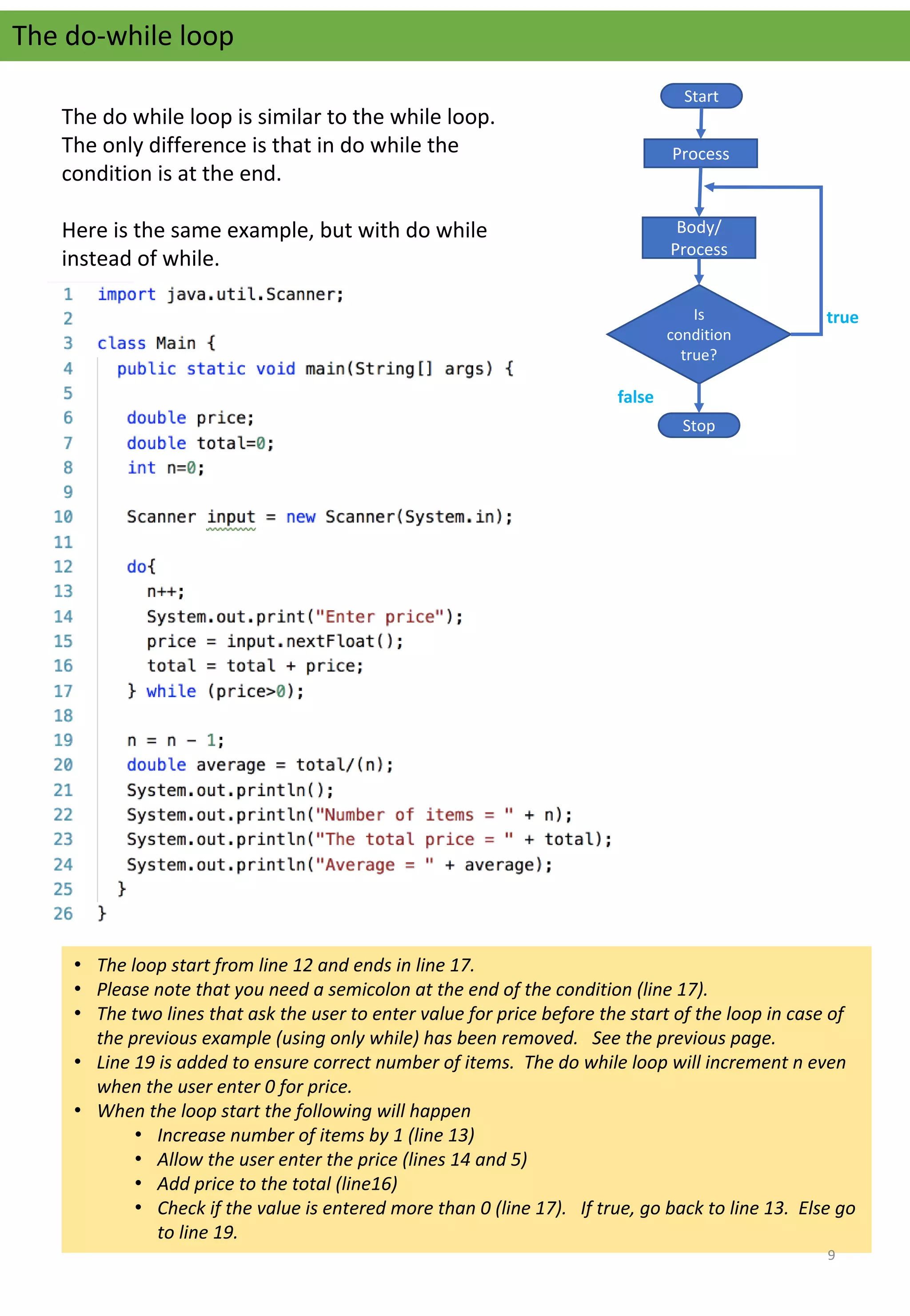 The do-while loop
Start
Process
Is 
condition 
true?
Body/
Process
Stop
true
false
The do while loop is similar to the while loop.   
The only difference is that in do while the 
condition is at the end.
Here is the same example, but with do while 
instead of while.
• The loop start from line 12 and ends in line 17.
• Please note that you need a semicolon at the end of the condition (line 17).
• The two lines that ask the user to enter value for price before the start of the loop in case of
the previous example (using only while) has been removed. See the previous page.
• Line 19 is added to ensure correct number of items. The do while loop will increment n even
when the user enter 0 for price.
• When the loop start the following will happen
• Increase number of items by 1 (line 13)
• Allow the user enter the price (lines 14 and 5)
• Add price to the total (line16)
• Check if the value is entered more than 0 (line 17). If true, go back to line 13. Else go
to line 19.
9
 