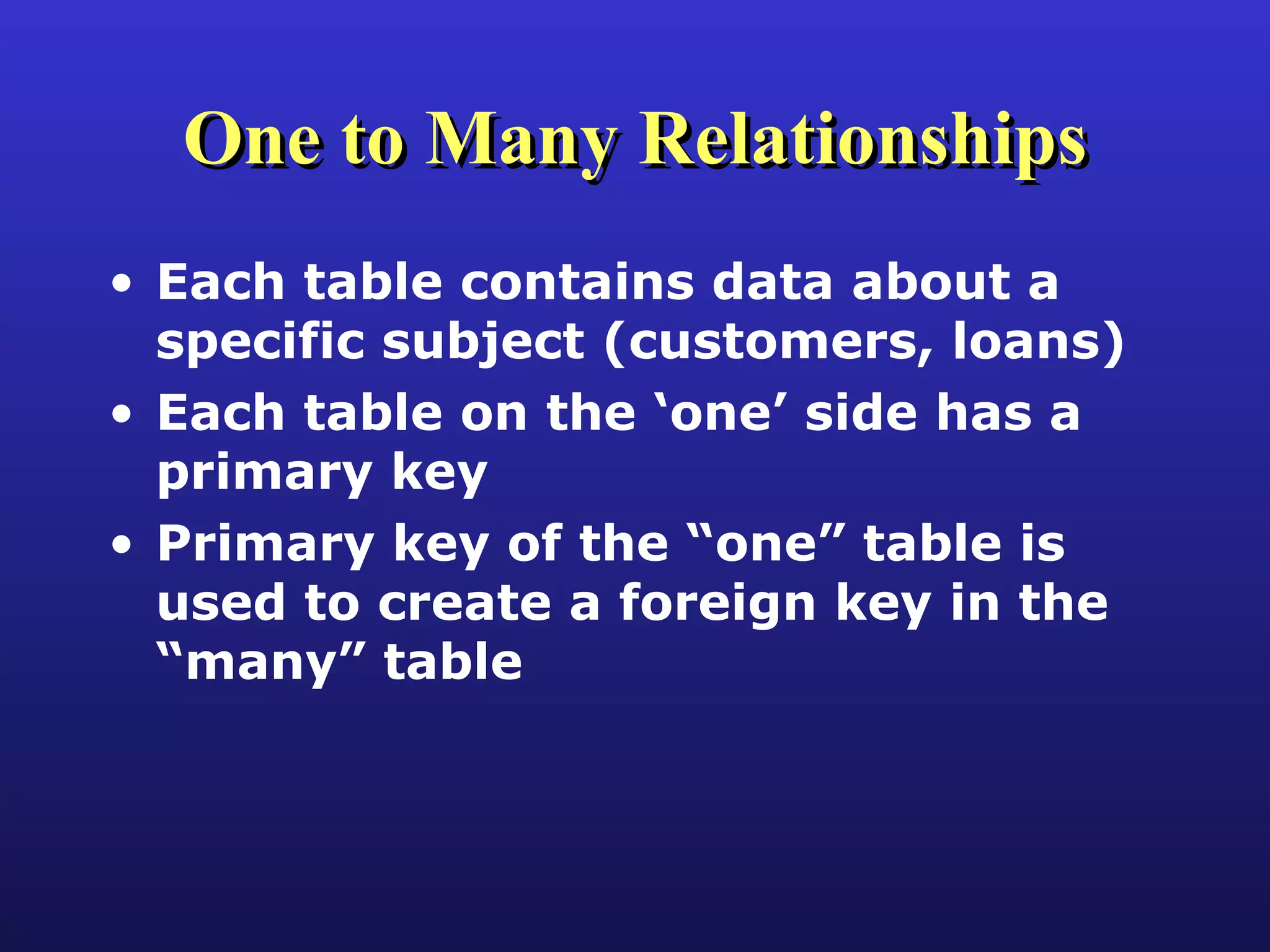 One to Many Relationships Each table contains data about a specific subject (customers, loans) Each table on the ‘one’ side has a primary key Primary key of the “one” table is used to create a foreign key in the “many” table 