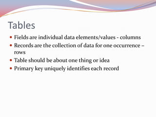 Tables
 Fields are individual data elements/values - columns
 Records are the collection of data for one occurrence –
  rows
 Table should be about one thing or idea
 Primary key uniquely identifies each record
 