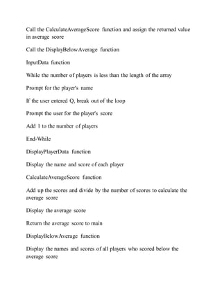 Call the CalculateAverageScore function and assign the returned value
in average score
Call the DisplayBelowAverage function
InputData function
While the number of players is less than the length of the array
Prompt for the player's name
If the user entered Q, break out of the loop
Prompt the user for the player's score
Add 1 to the number of players
End-While
DisplayPlayerData function
Display the name and score of each player
CalculateAverageScore function
Add up the scores and divide by the number of scores to calculate the
average score
Display the average score
Return the average score to main
DisplayBelowAverage function
Display the names and scores of all players who scored below the
average score
 