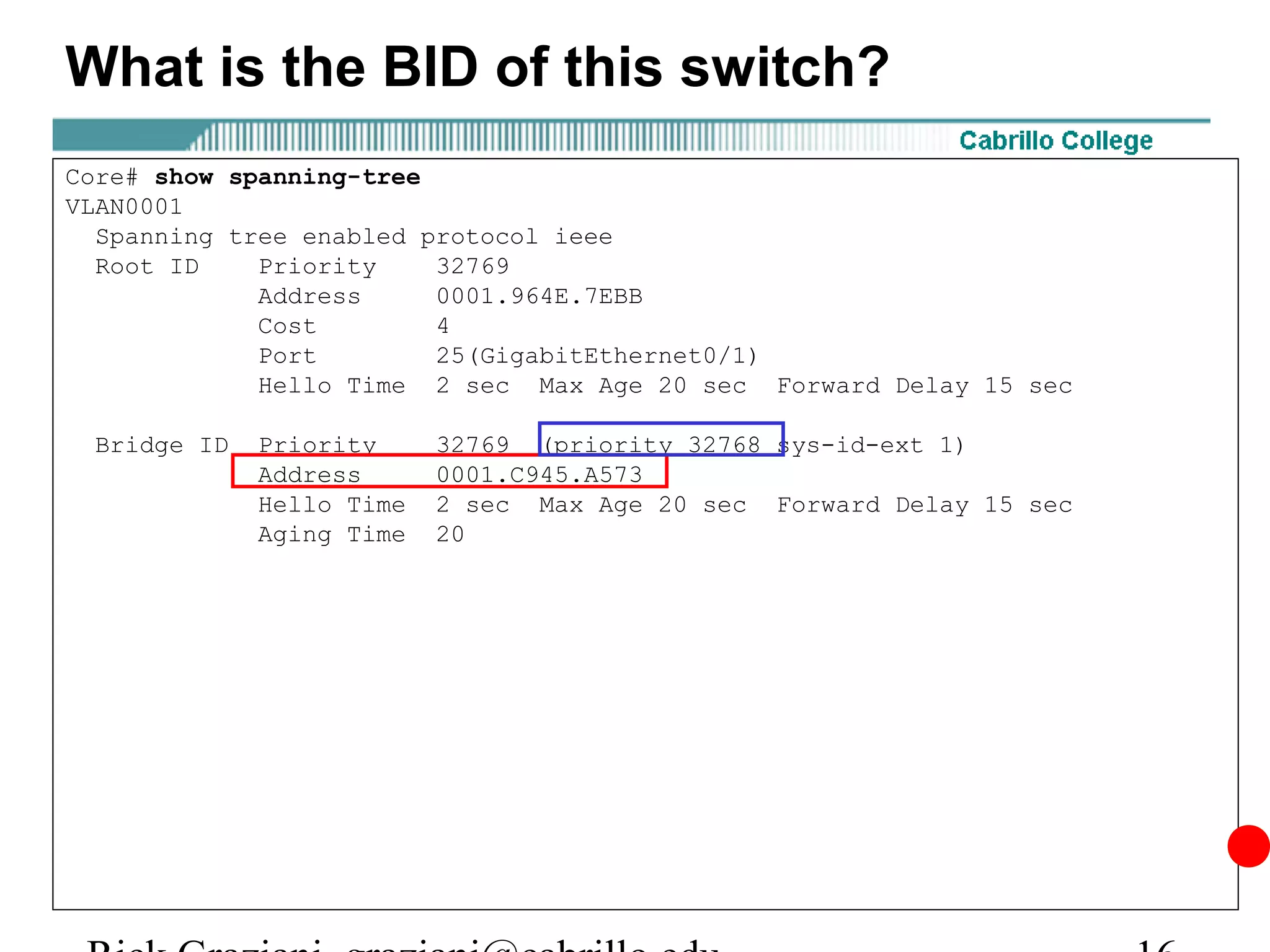 What is the BID of this switch?
Core# show spanning-tree
VLAN0001
  Spanning tree enabled protocol ieee
  Root ID    Priority    32769
             Address     0001.964E.7EBB
             Cost        4
             Port        25(GigabitEthernet0/1)
             Hello Time 2 sec Max Age 20 sec Forward Delay 15 sec

 Bridge ID   Priority     32769 (priority 32768 sys-id-ext 1)
             Address      0001.C945.A573
             Hello Time   2 sec Max Age 20 sec Forward Delay 15 sec
             Aging Time   20
 