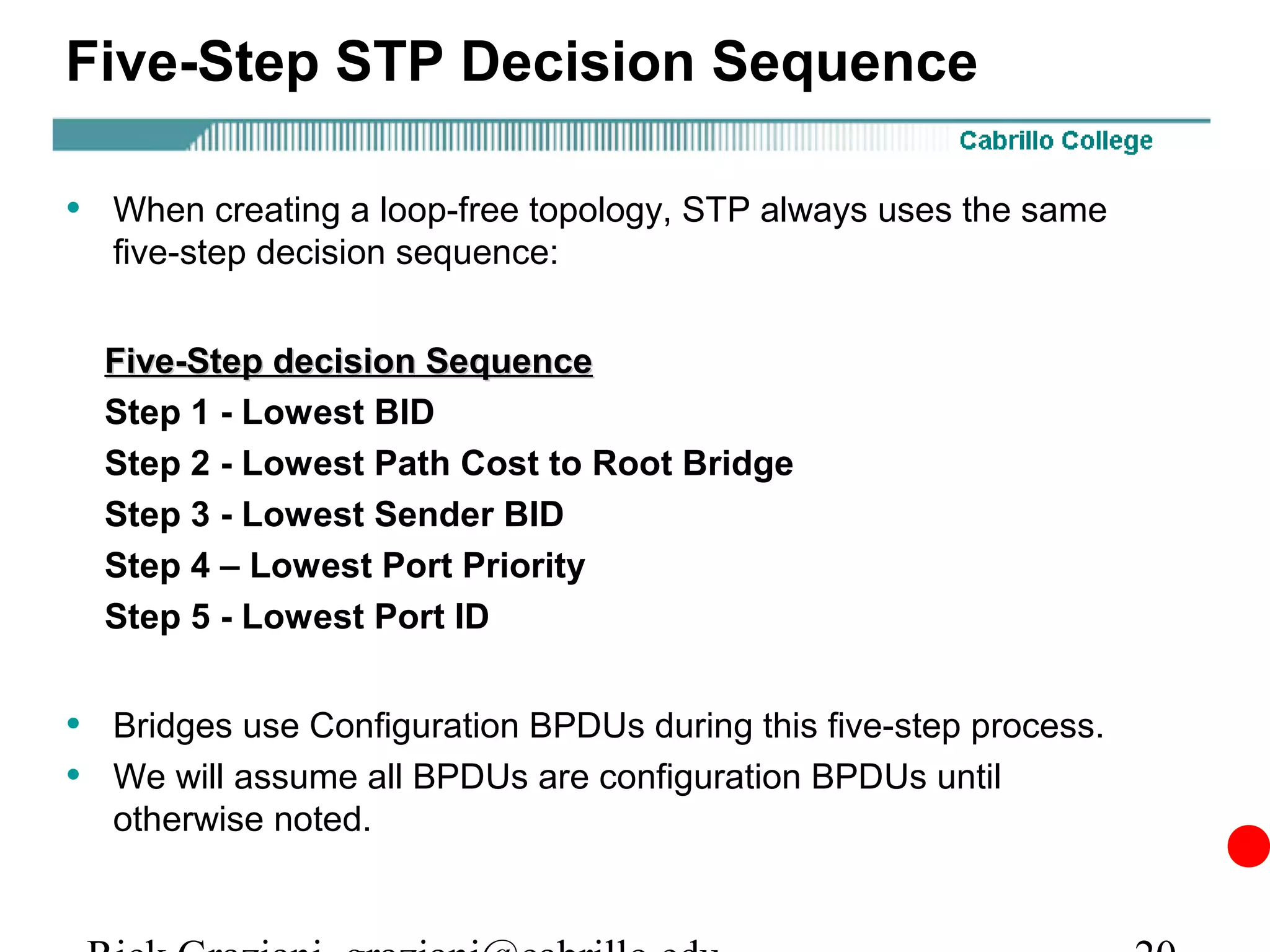 Five-Step STP Decision Sequence

• When creating a loop-free topology, STP always uses the same
  five-step decision sequence:


  Five-Step decision Sequence
  Step 1 - Lowest BID
  Step 2 - Lowest Path Cost to Root Bridge
  Step 3 - Lowest Sender BID
  Step 4 – Lowest Port Priority
  Step 5 - Lowest Port ID


• Bridges use Configuration BPDUs during this five-step process.
• We will assume all BPDUs are configuration BPDUs until
  otherwise noted.
 