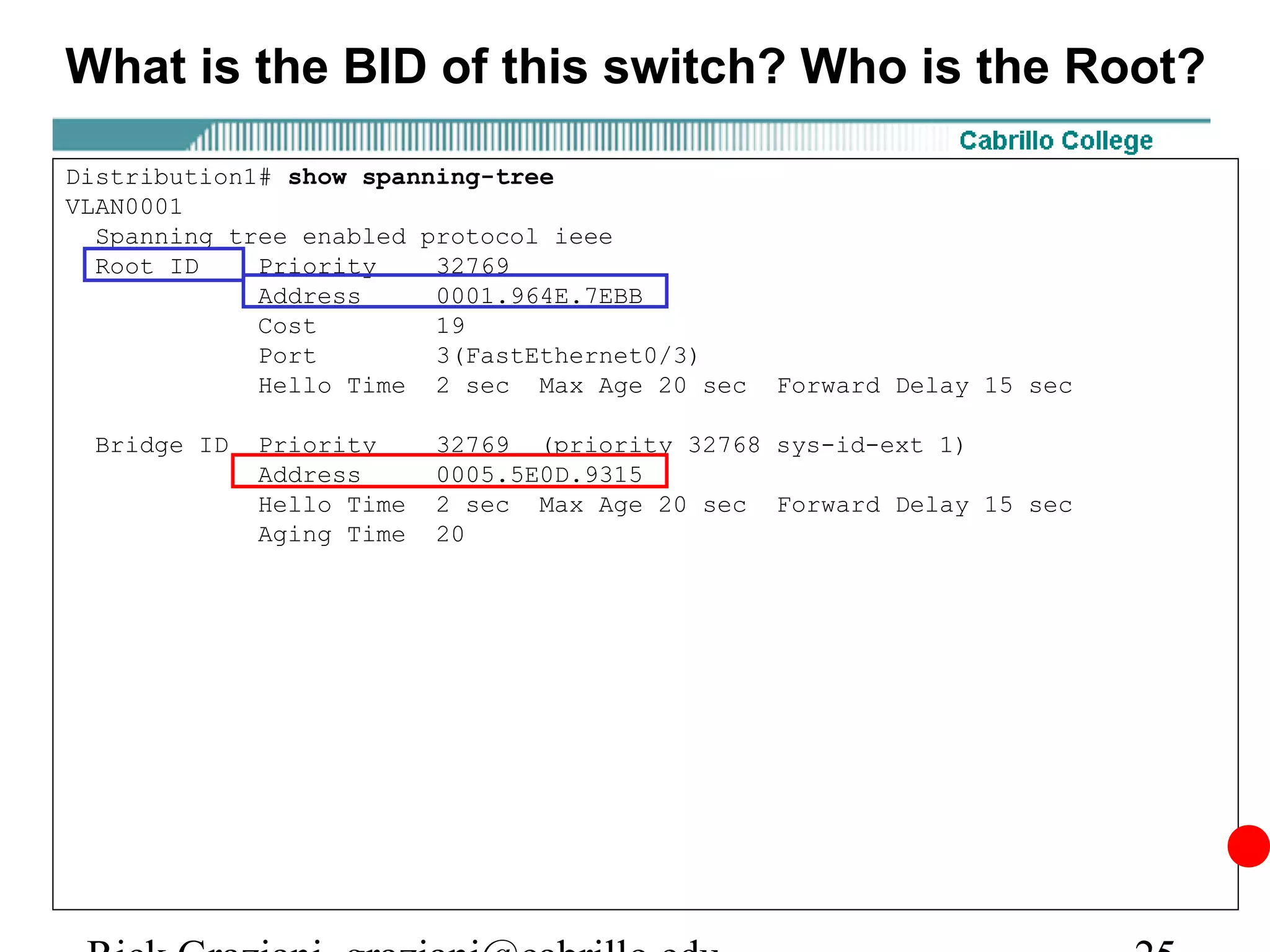 What is the BID of this switch? Who is the Root?

Distribution1# show spanning-tree
VLAN0001
  Spanning tree enabled protocol ieee
  Root ID    Priority    32769
             Address     0001.964E.7EBB
             Cost        19
             Port        3(FastEthernet0/3)
             Hello Time 2 sec Max Age 20 sec   Forward Delay 15 sec

 Bridge ID   Priority     32769 (priority 32768 sys-id-ext 1)
             Address      0005.5E0D.9315
             Hello Time   2 sec Max Age 20 sec Forward Delay 15 sec
             Aging Time   20
 