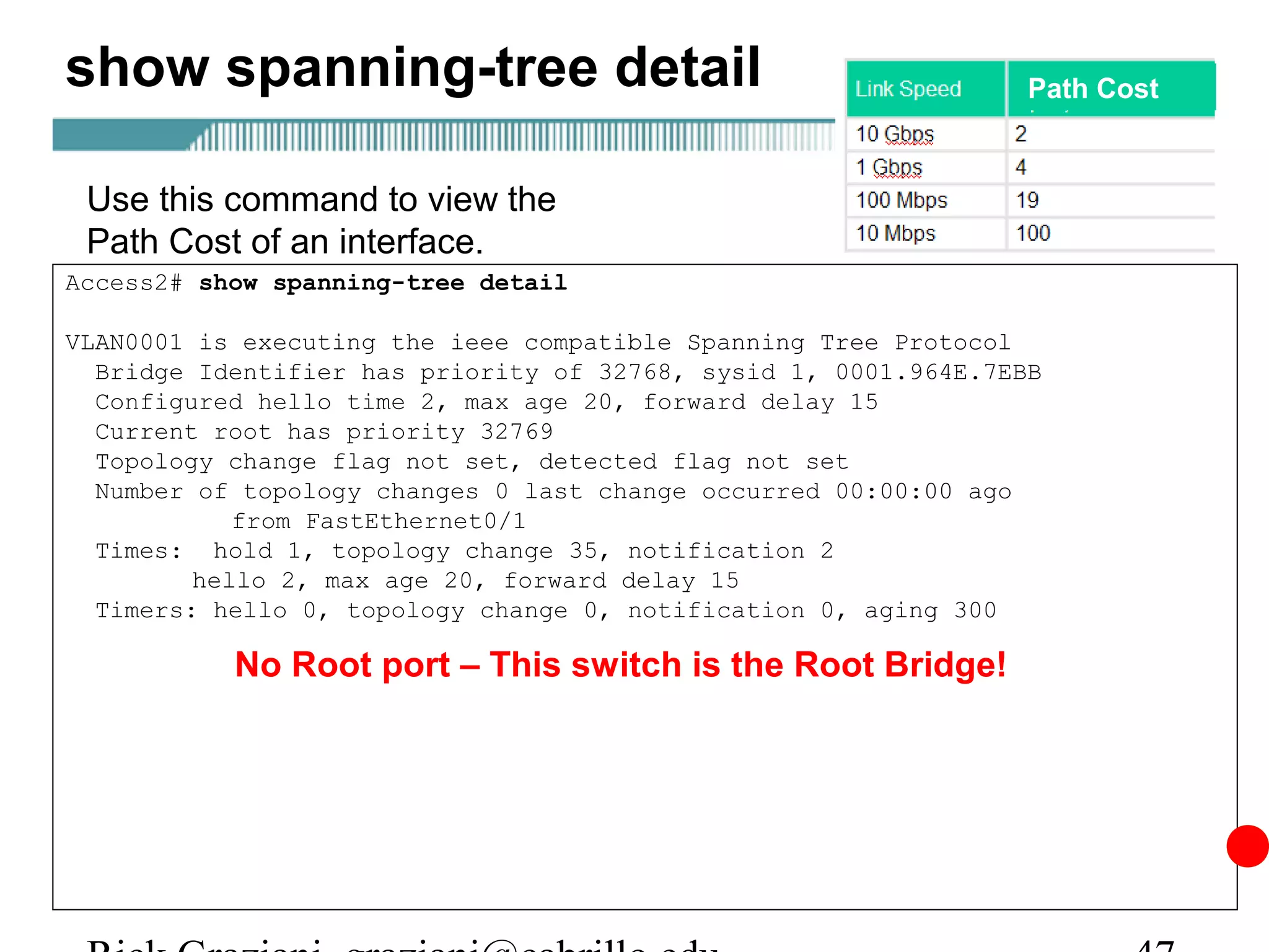 show spanning-tree detail                                        Path Cost



 Use this command to view the
 Path Cost of an interface.
Access2# show spanning-tree detail

VLAN0001 is executing the ieee compatible Spanning Tree Protocol
  Bridge Identifier has priority of 32768, sysid 1, 0001.964E.7EBB
  Configured hello time 2, max age 20, forward delay 15
  Current root has priority 32769
  Topology change flag not set, detected flag not set
  Number of topology changes 0 last change occurred 00:00:00 ago
            from FastEthernet0/1
  Times: hold 1, topology change 35, notification 2
         hello 2, max age 20, forward delay 15
  Timers: hello 0, topology change 0, notification 0, aging 300

           No Root port – This switch is the Root Bridge!
 
