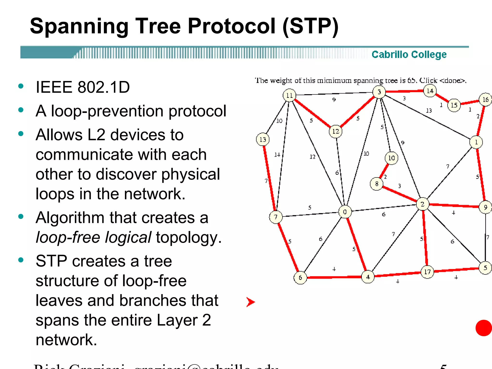 Spanning Tree Protocol (STP)

• IEEE 802.1D
• A loop-prevention protocol
• Allows L2 devices to
    communicate with each
    other to discover physical
    loops in the network.
•   Algorithm that creates a
    loop-free logical topology.
•   STP creates a tree
    structure of loop-free
    leaves and branches that
    spans the entire Layer 2
    network.
 