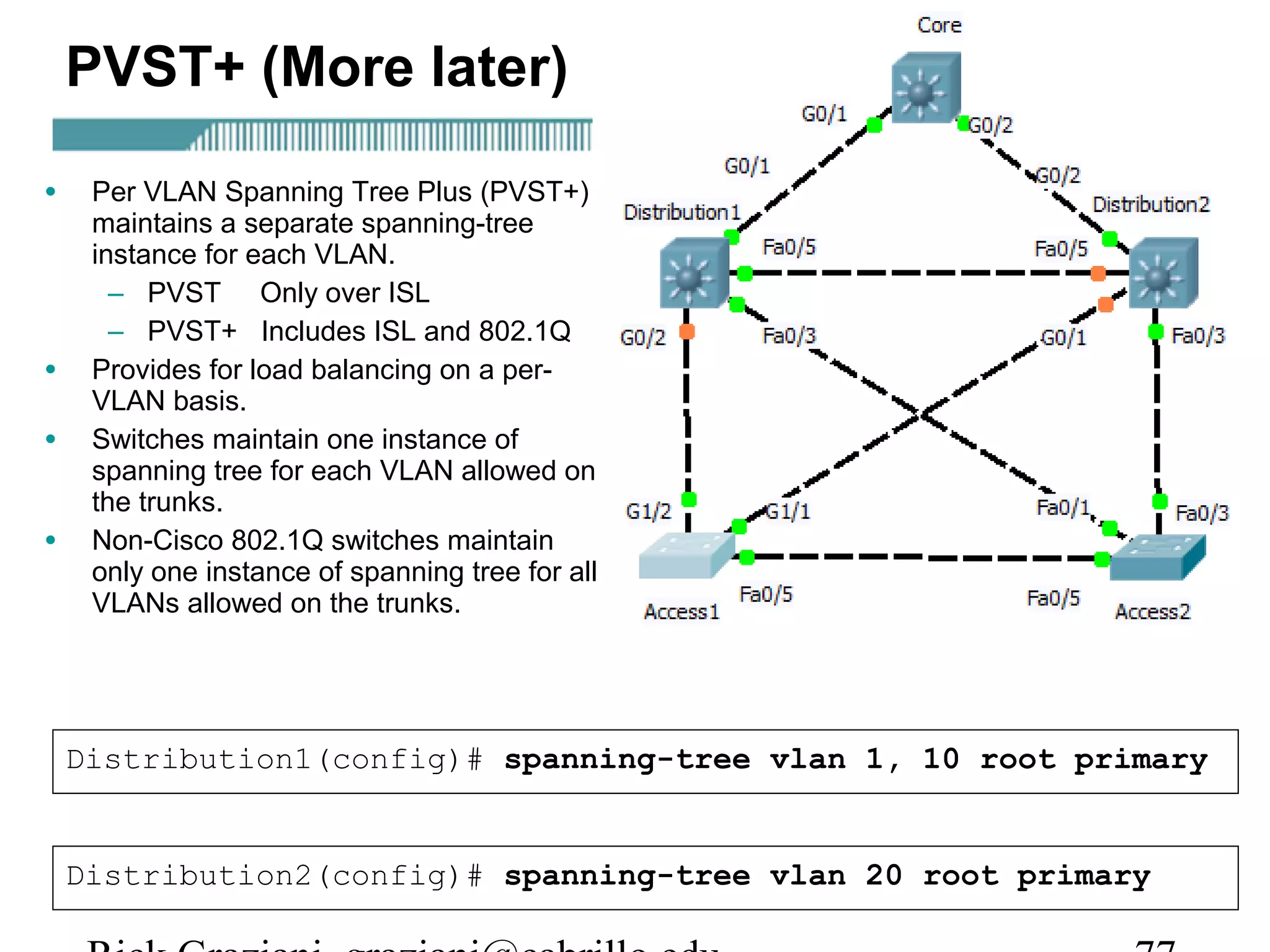 PVST+ (More later)

•    Per VLAN Spanning Tree Plus (PVST+)
     maintains a separate spanning-tree
     instance for each VLAN.
       – PVST Only over ISL
       – PVST+ Includes ISL and 802.1Q
•    Provides for load balancing on a per-
     VLAN basis.
•    Switches maintain one instance of
     spanning tree for each VLAN allowed on
     the trunks.
•    Non-Cisco 802.1Q switches maintain
     only one instance of spanning tree for all
     VLANs allowed on the trunks.




    Distribution1(config)# spanning-tree vlan 1, 10 root primary


    Distribution2(config)# spanning-tree vlan 20 root primary
 