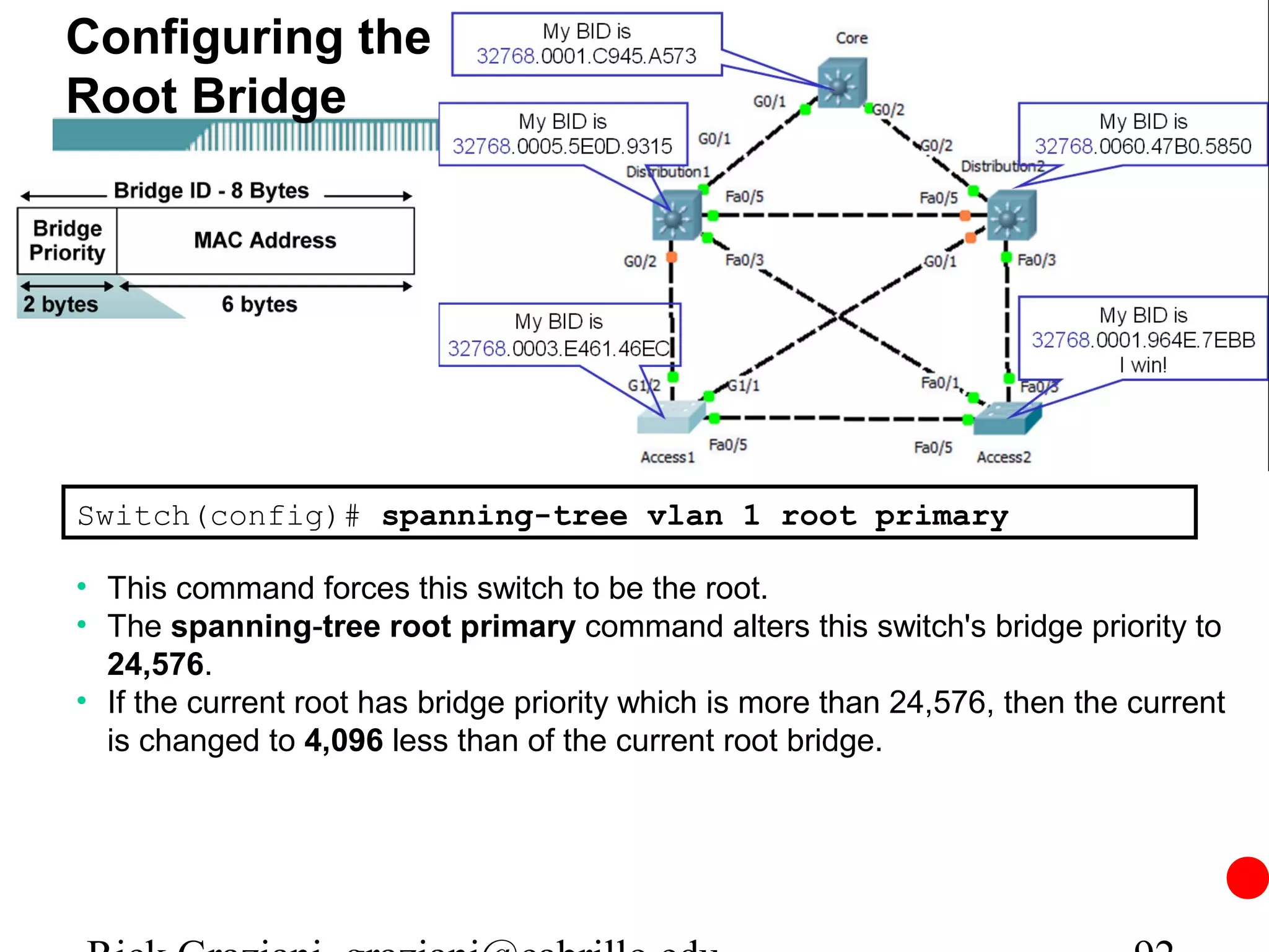 Configuring the
Root Bridge




Switch(config)# spanning-tree vlan 1 root primary

• This command forces this switch to be the root.
• The spanning-tree root primary command alters this switch's bridge priority to
  24,576.
• If the current root has bridge priority which is more than 24,576, then the current
  is changed to 4,096 less than of the current root bridge.
 