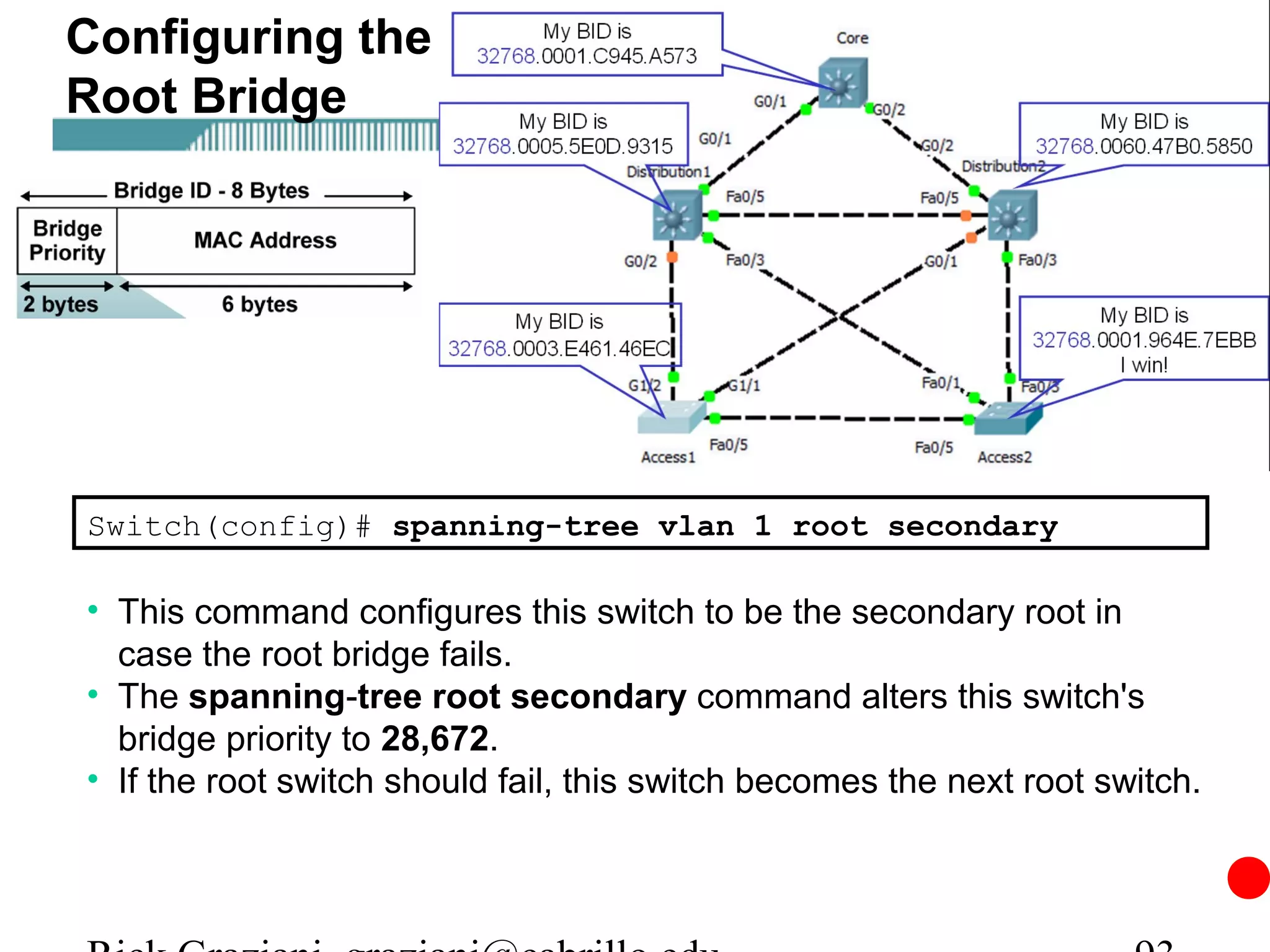 Configuring the
Root Bridge




Switch(config)# spanning-tree vlan 1 root secondary

• This command configures this switch to be the secondary root in
  case the root bridge fails.
• The spanning-tree root secondary command alters this switch's
  bridge priority to 28,672.
• If the root switch should fail, this switch becomes the next root switch.
 