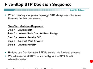 Five-Step STP Decision Sequence

• When creating a loop-free topology, STP always uses the same
  five-step decision sequence:


  Five-Step decision Sequence
  Step 1 - Lowest BID
  Step 2 - Lowest Path Cost to Root Bridge
  Step 3 - Lowest Sender BID
  Step 4 – Lowest Port Priority
  Step 5 - Lowest Port ID


• Bridges use Configuration BPDUs during this five-step process.
• We will assume all BPDUs are configuration BPDUs until
  otherwise noted.
 