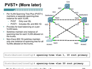 PVST+ (More later)

•    Per VLAN Spanning Tree Plus (PVST+)
     maintains a separate spanning-tree
     instance for each VLAN.
       – PVST Only over ISL
       – PVST+ Includes ISL and 802.1Q
•    Provides for load balancing on a per-
     VLAN basis.
•    Switches maintain one instance of
     spanning tree for each VLAN allowed on
     the trunks.
•    Non-Cisco 802.1Q switches maintain
     only one instance of spanning tree for all
     VLANs allowed on the trunks.




    Distribution1(config)# spanning-tree vlan 1, 10 root primary


    Distribution2(config)# spanning-tree vlan 20 root primary
 