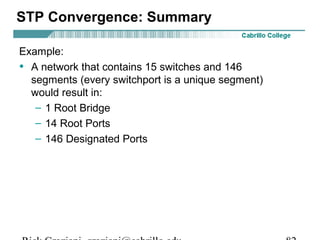 STP Convergence: Summary

Example:
• A network that contains 15 switches and 146
  segments (every switchport is a unique segment)
  would result in:
   – 1 Root Bridge
   – 14 Root Ports
   – 146 Designated Ports
 