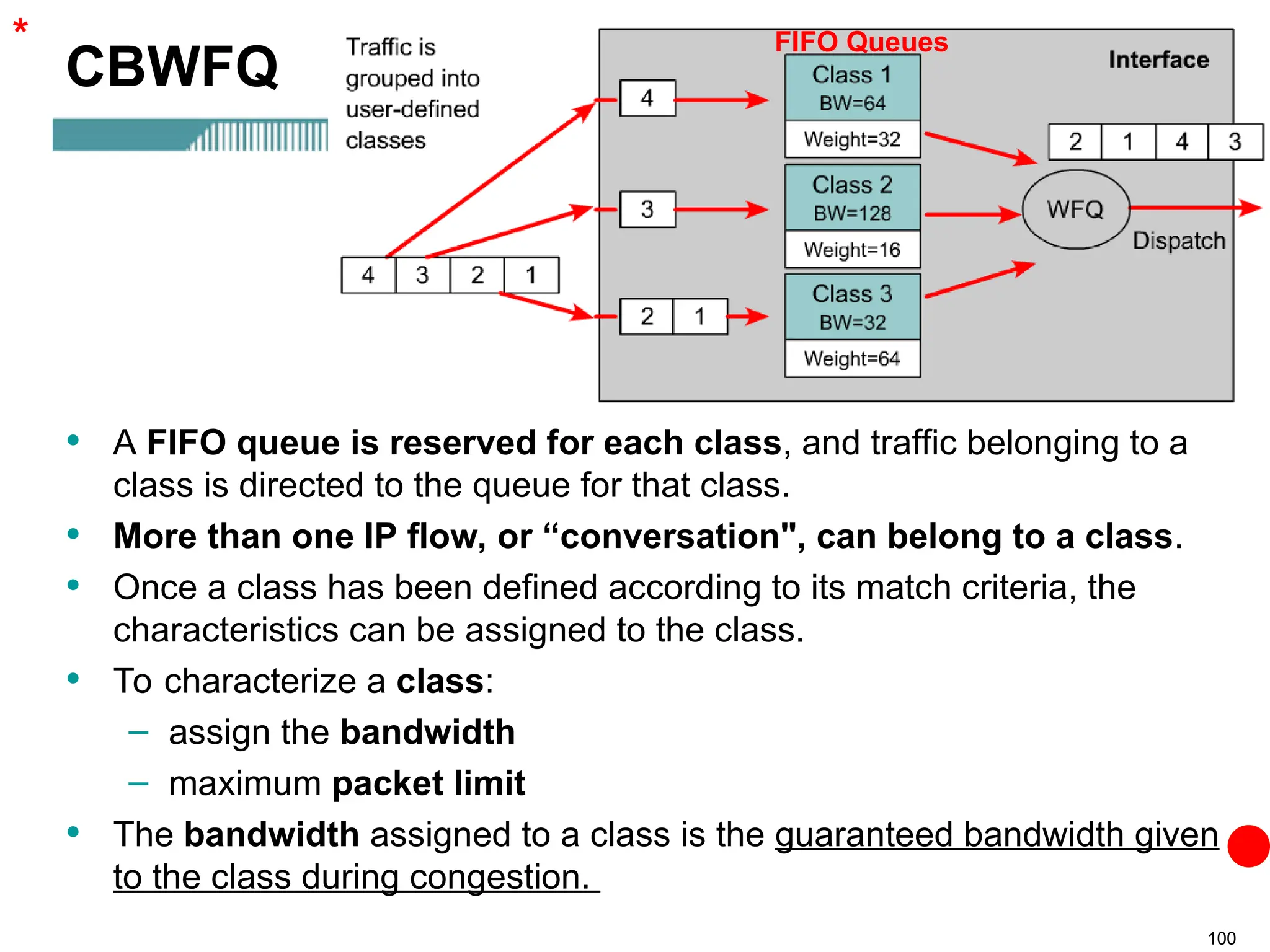 100
CBWFQ
• A FIFO queue is reserved for each class, and traffic belonging to a
class is directed to the queue for that class.
• More than one IP flow, or “conversation", can belong to a class.
• Once a class has been defined according to its match criteria, the
characteristics can be assigned to the class.
• To characterize a class:
– assign the bandwidth
– maximum packet limit
• The bandwidth assigned to a class is the guaranteed bandwidth given
to the class during congestion.
FIFO Queues
*
 