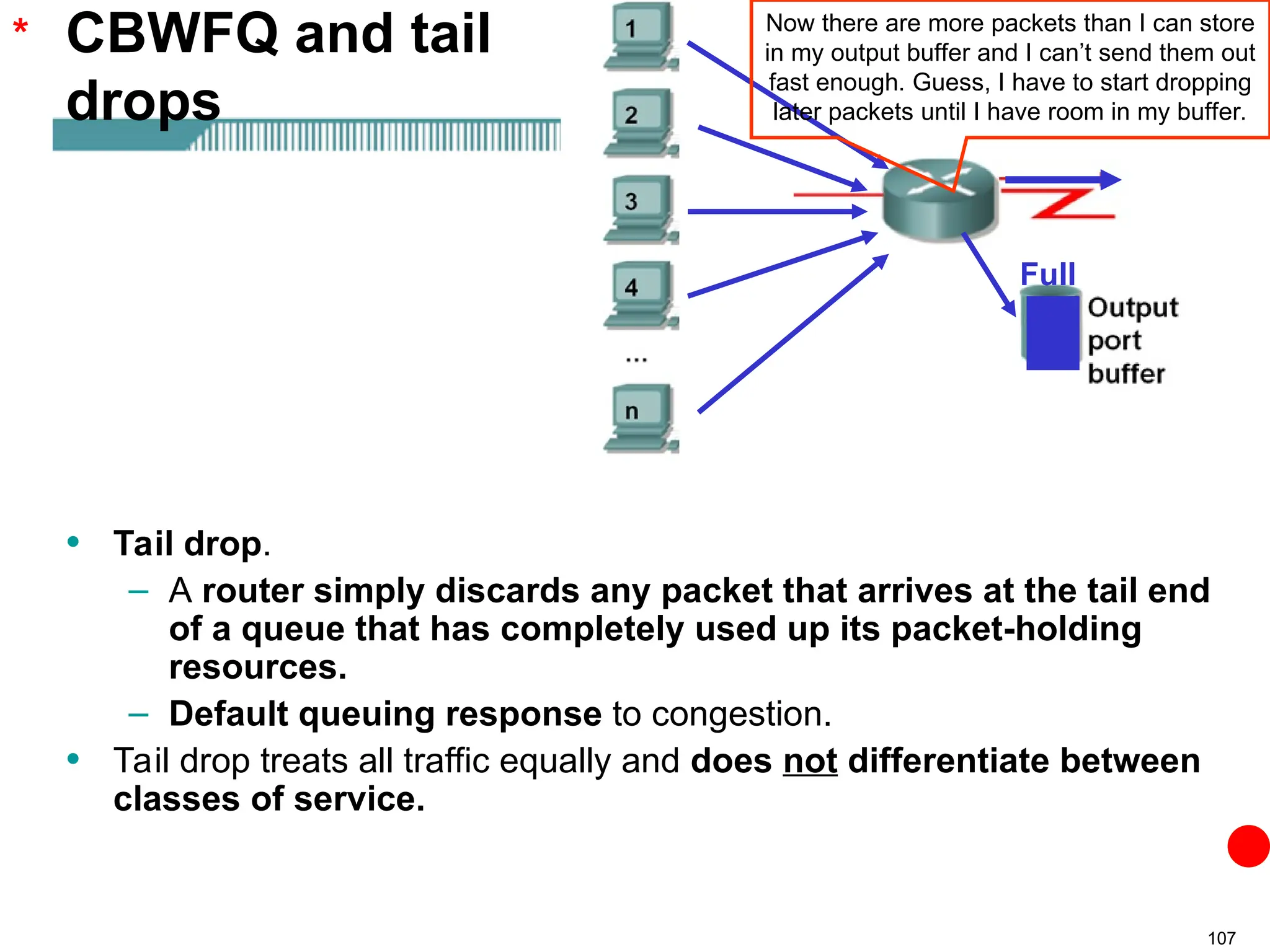 107
CBWFQ and tail
drops
• Tail drop.
– A router simply discards any packet that arrives at the tail end
of a queue that has completely used up its packet-holding
resources.
– Default queuing response to congestion.
• Tail drop treats all traffic equally and does not differentiate between
classes of service.
* Now there are more packets than I can store
in my output buffer and I can’t send them out
fast enough. Guess, I have to start dropping
later packets until I have room in my buffer.
Full
 