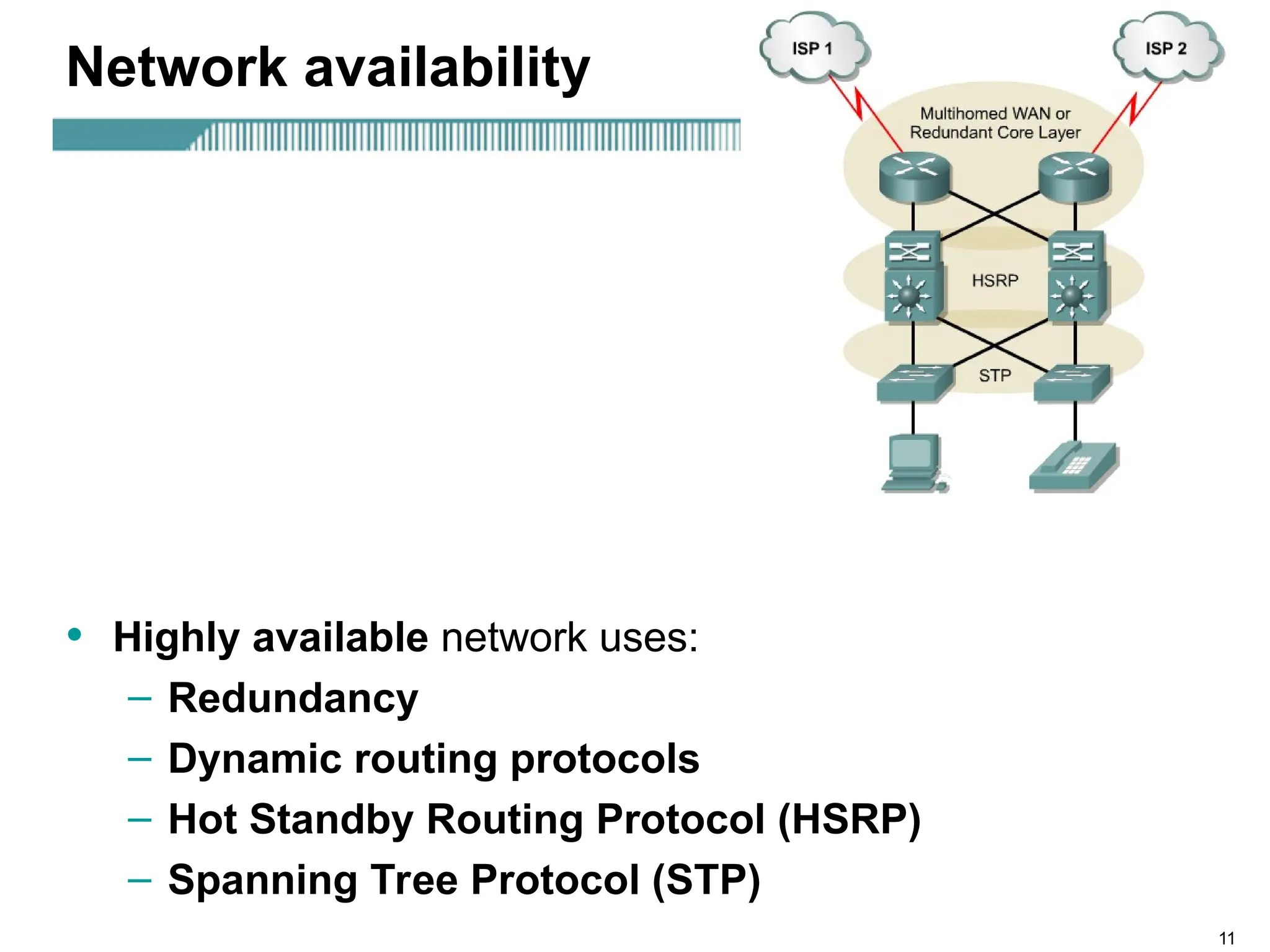 11
Network availability
• Highly available network uses:
– Redundancy
– Dynamic routing protocols
– Hot Standby Routing Protocol (HSRP)
– Spanning Tree Protocol (STP)
 