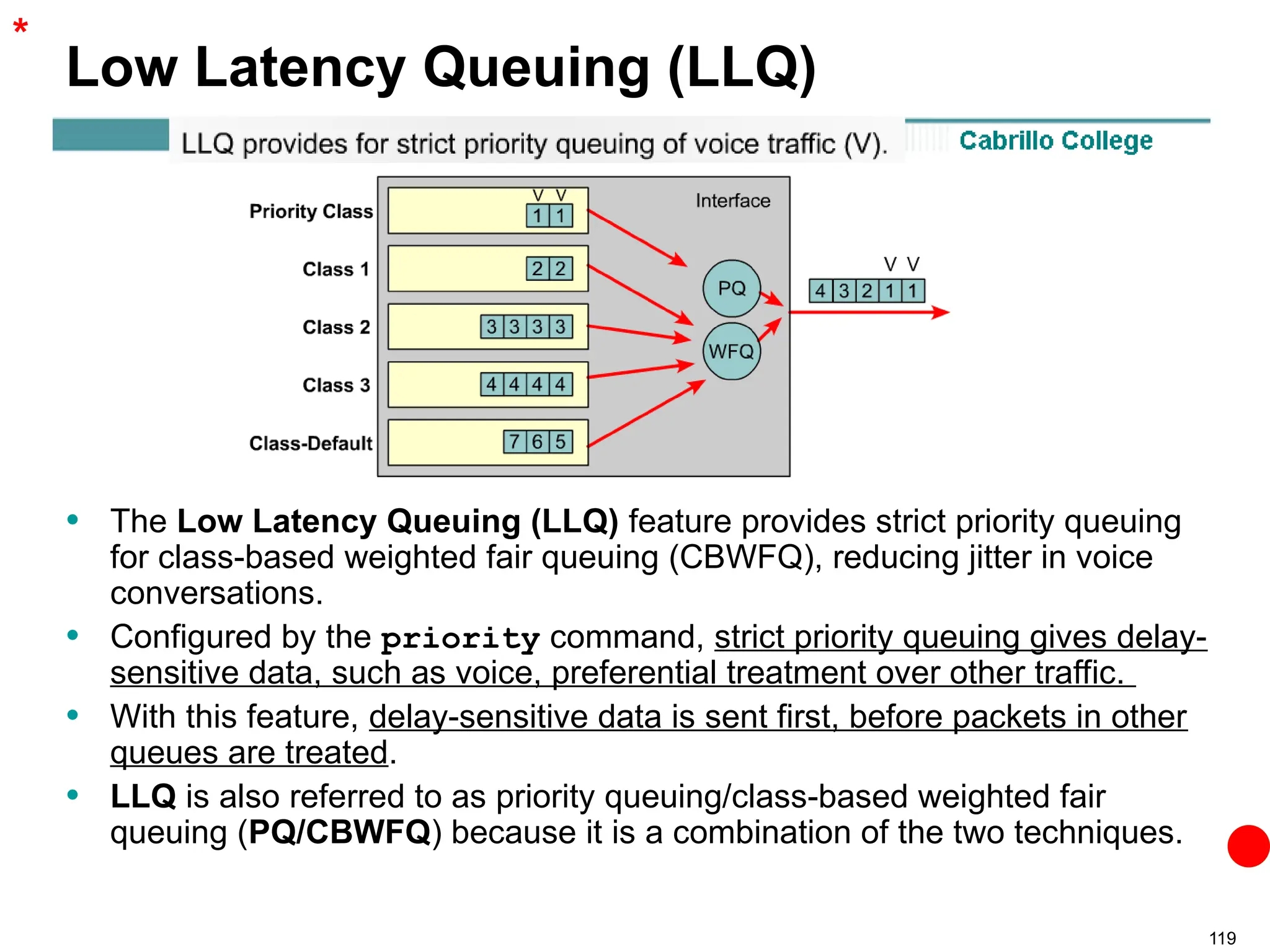119
Low Latency Queuing (LLQ)
• The Low Latency Queuing (LLQ) feature provides strict priority queuing
for class-based weighted fair queuing (CBWFQ), reducing jitter in voice
conversations.
• Configured by the priority command, strict priority queuing gives delay-
sensitive data, such as voice, preferential treatment over other traffic.
• With this feature, delay-sensitive data is sent first, before packets in other
queues are treated.
• LLQ is also referred to as priority queuing/class-based weighted fair
queuing (PQ/CBWFQ) because it is a combination of the two techniques.
*
 