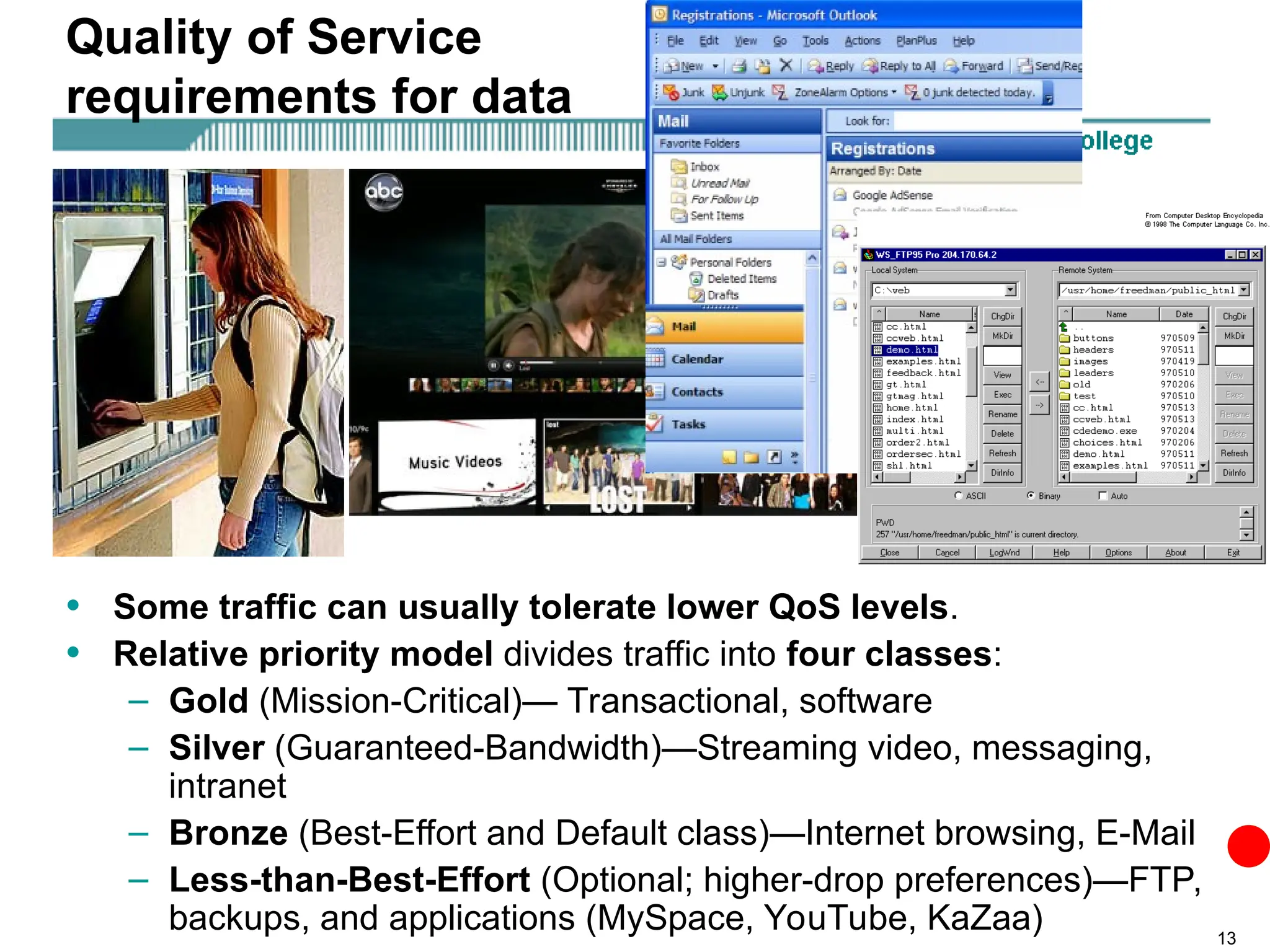 13
Quality of Service
requirements for data
• Some traffic can usually tolerate lower QoS levels.
• Relative priority model divides traffic into four classes:
– Gold (Mission-Critical)— Transactional, software
– Silver (Guaranteed-Bandwidth)—Streaming video, messaging,
intranet
– Bronze (Best-Effort and Default class)—Internet browsing, E-Mail
– Less-than-Best-Effort (Optional; higher-drop preferences)—FTP,
backups, and applications (MySpace, YouTube, KaZaa)
 