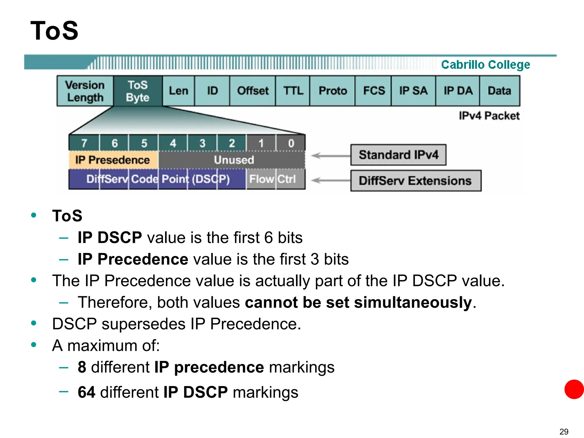 29
ToS
• ToS
– IP DSCP value is the first 6 bits
– IP Precedence value is the first 3 bits
• The IP Precedence value is actually part of the IP DSCP value.
– Therefore, both values cannot be set simultaneously.
• DSCP supersedes IP Precedence.
• A maximum of:
– 8 different IP precedence markings
– 64 different IP DSCP markings
 