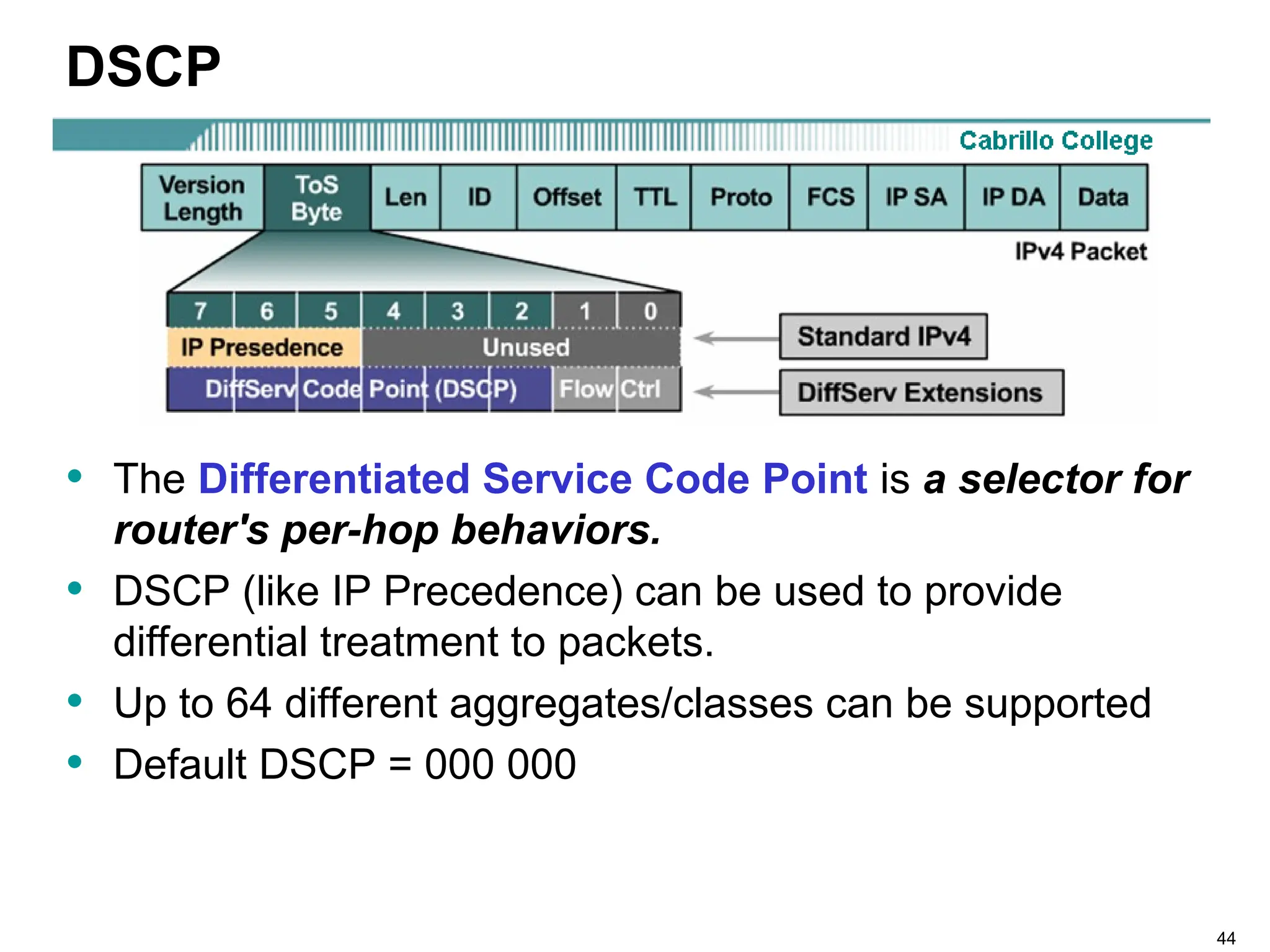 44
DSCP
• The Differentiated Service Code Point is a selector for
router's per-hop behaviors.
• DSCP (like IP Precedence) can be used to provide
differential treatment to packets.
• Up to 64 different aggregates/classes can be supported
• Default DSCP = 000 000
 