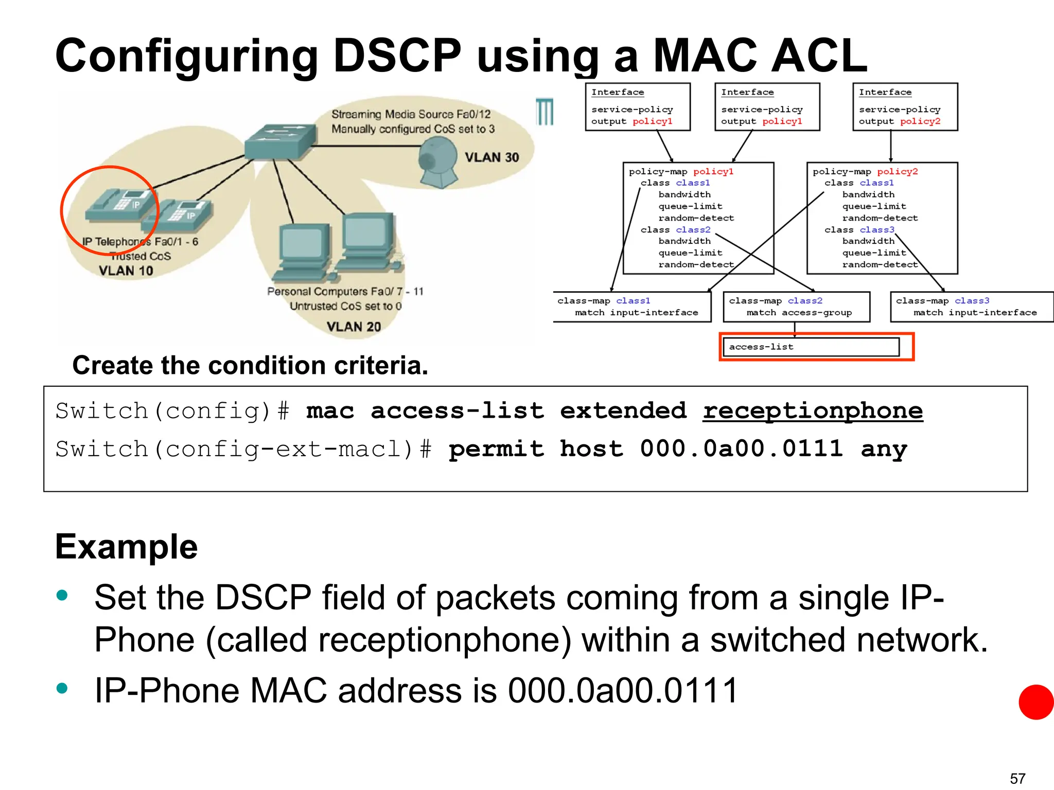 57
Configuring DSCP using a MAC ACL
Example
• Set the DSCP field of packets coming from a single IP-
Phone (called receptionphone) within a switched network.
• IP-Phone MAC address is 000.0a00.0111
Switch(config)# mac access-list extended receptionphone
Switch(config-ext-macl)# permit host 000.0a00.0111 any
Create the condition criteria.
 