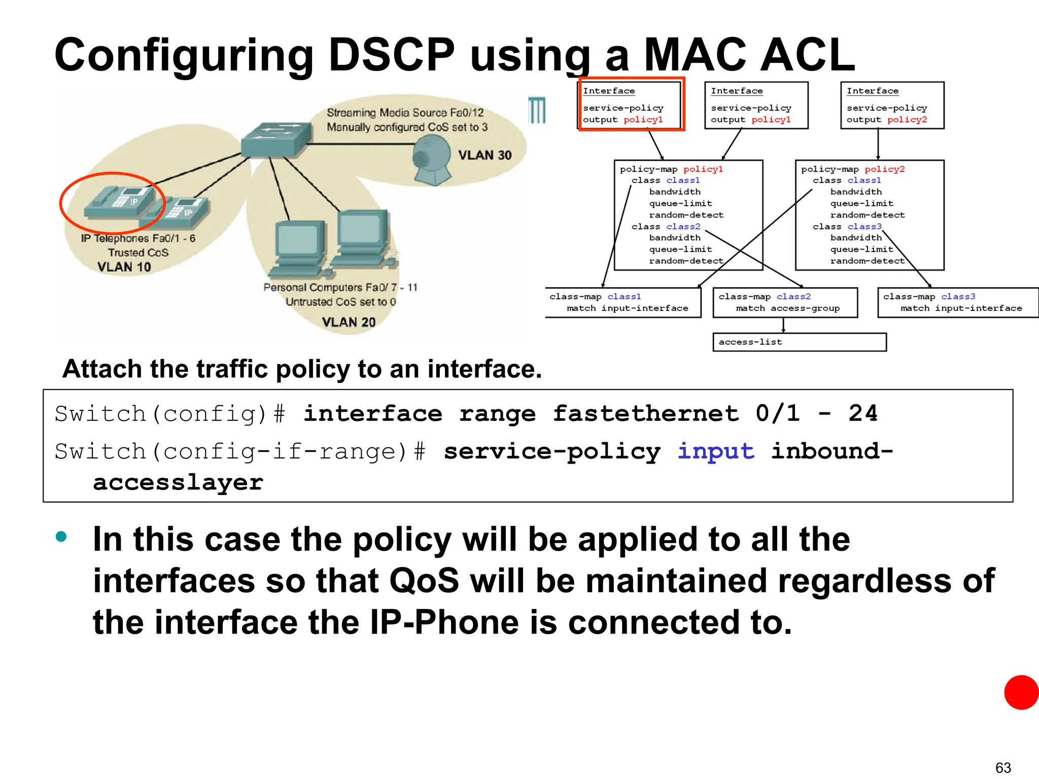 63
Configuring DSCP using a MAC ACL
• In this case the policy will be applied to all the
interfaces so that QoS will be maintained regardless of
the interface the IP-Phone is connected to.
Switch(config)# interface range fastethernet 0/1 - 24
Switch(config-if-range)# service-policy input inbound-
accesslayer
Attach the traffic policy to an interface.
 
