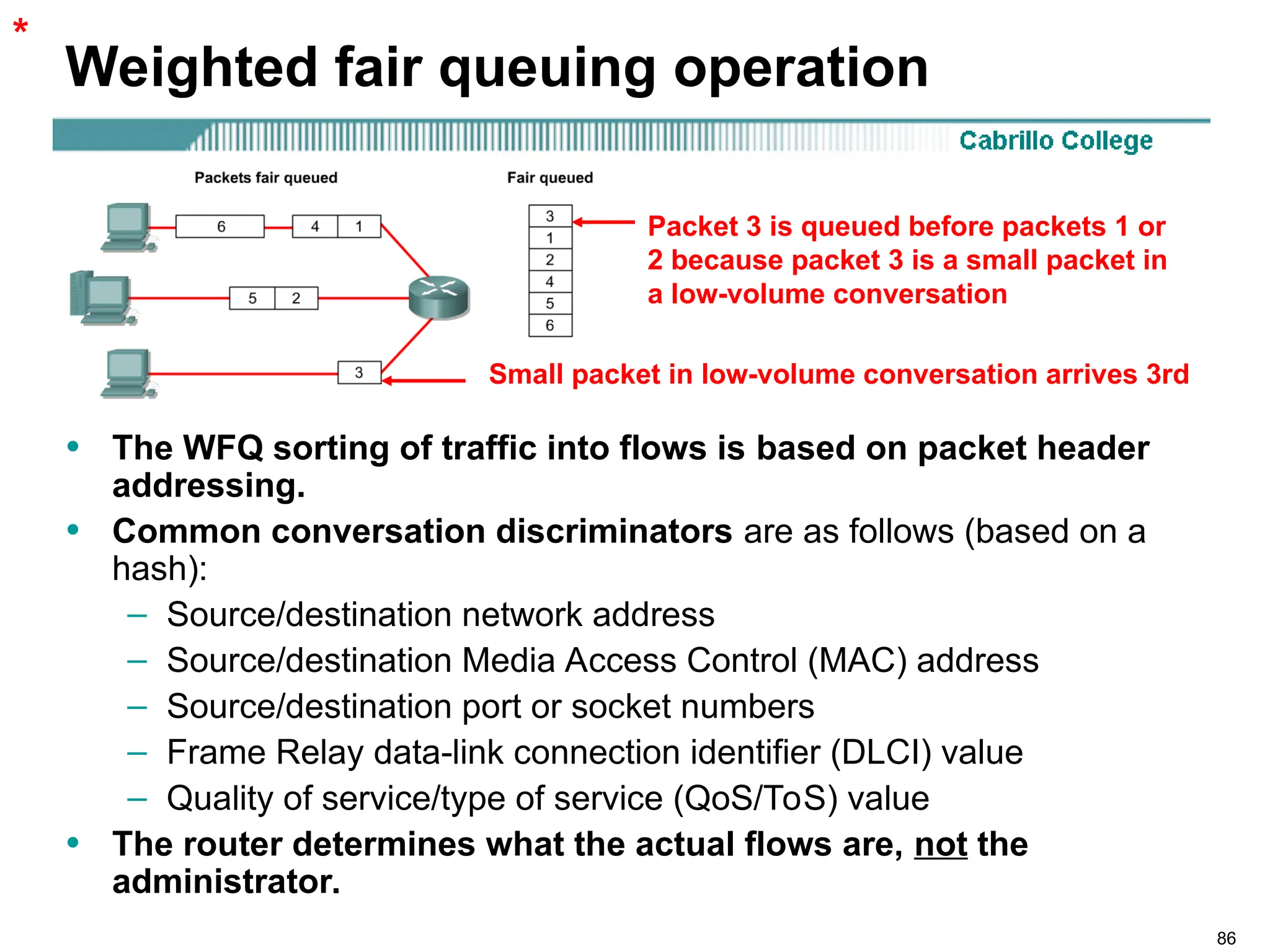 86
Weighted fair queuing operation
• The WFQ sorting of traffic into flows is based on packet header
addressing.
• Common conversation discriminators are as follows (based on a
hash):
– Source/destination network address
– Source/destination Media Access Control (MAC) address
– Source/destination port or socket numbers
– Frame Relay data-link connection identifier (DLCI) value
– Quality of service/type of service (QoS/ToS) value
• The router determines what the actual flows are, not the
administrator.
Packet 3 is queued before packets 1 or
2 because packet 3 is a small packet in
a low-volume conversation
Small packet in low-volume conversation arrives 3rd
*
 