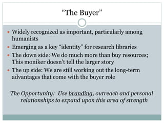 A Few Highlights92% say UW Libraries are “very important”67% use e-resources at least twice per week87% rate journals: 1990-present as very important78% rate journal reputation as very importantHigh 70 percentile: Use the UW Libraries for 1) Keeping current 2) Being more productive 3) Finding new & related information70 percentile: e-access to journals & remote access60 percentile:  1) Class presentations 2)  Staff assistance (on site and remote)3) ILL for books and journals4) Library Web sitesTop 3 new Services:Journal pricing & access infoSupport in archiving research information and dataDigital access to manuscripts and images