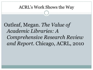 “The Gateway”E-access, counseling, one-to-one—all contactA gradual decline in recognition of “Gateway” services (70% 2003, 59% 2009)This despite major investments in access (electronic, the commons, the staff)The Risk: Ithaka questions reference & other outreach can hold faculty attentionThe Opportunity: New roles, new services and new identities.  In other words, what we’re doing
