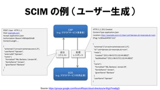 SCIM の例 （ユーザー生成）
POST /User HTTP/1.1                                                     CSP                      HTTP/1.1 201 Created
Host: example.com                                             （e.g. クラウドサービス事業者）                 Content-Type: application/json
Accept: application/json                                                                         Location: http://example.com/v1/User/uid=bjensen,dc=example,dc=com
Authorization: Bearer h480djs93hd8                                                               ETag: "e180ee84f0671b1"
Content-Length: ...
                                                                                                 {
{                                                                                                    "schemas":["urn:scim:schemas:core:1.0"],
    "schemas":["urn:scim:schemas:core:1.0"],                                                         "id":"uid=bjensen,dc=example,dc=com",
    "userName":"bjensen",                                        追加            処理                    "meta":{
    "externalId":"bjensen",
                                                                リクエスト         レスポンス                    "created":"2011-08-01T21:32:44.882Z",
    "name":{
                                                                                                       "lastModified":"2011-08-01T21:32:44.882Z"
      "formatted":"Ms. Barbara J Jensen III",
      "familyName":"Jensen",                                                                         },
      "givenName":"Barbara"                                                                          "name":{
    }                                                                                                  "formatted":"Ms. Barbara J Jensen III",
}                                                                                                      "familyName":"Jensen",
                                                                       ECS                             "givenName":"Barbara"
                                                             （e.g. クラウドサービス利用企業）                     },
                                                                                                     "userName":"bjensen"
                                                                                                 }


                                                Source: https://groups.google.com/forum/#!topic/cloud-directory/w-WgLPmw6gQ
 